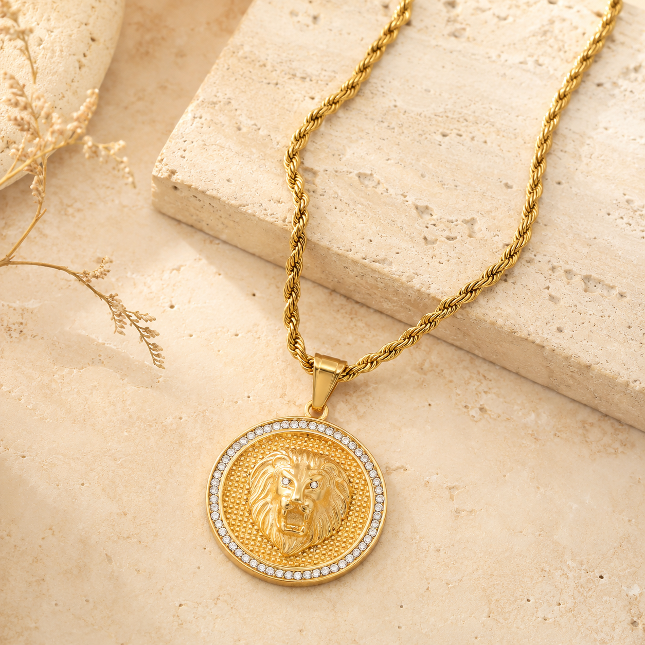 Lion Head Men's 18K Gold Plated Pendant Diamond-Accented 24" Chain-Express Your Love Gifts