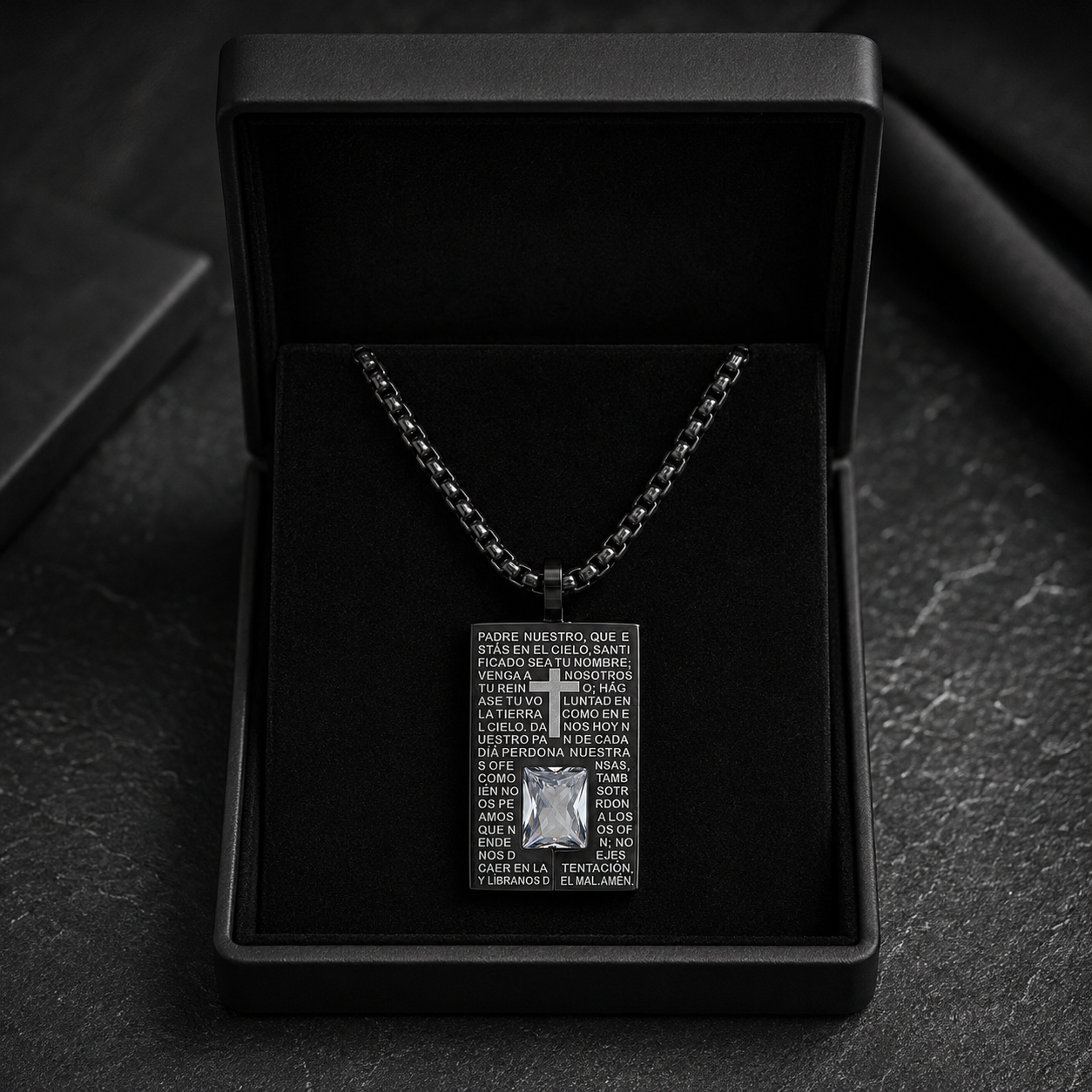 Padre Nuestro Our Father Dog Tag Necklace 18K Gold Black IP 24" Stainless Steel-Express Your Love Gifts