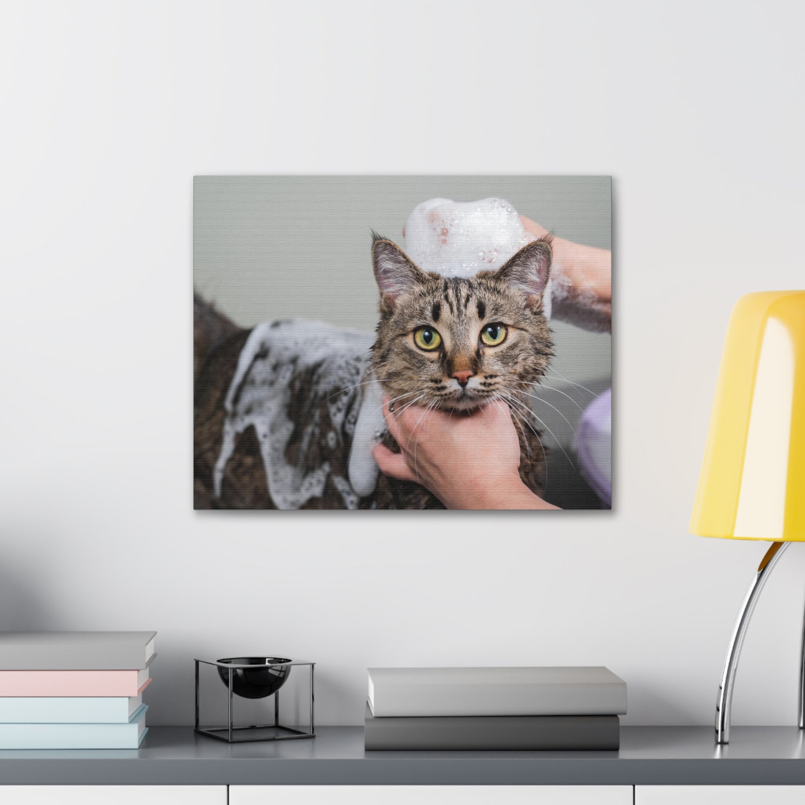 Cute Tabby Gray Cat Bathee Canvas Wall Art for Home Decor Ready-to-Hang-Express Your Love Gifts