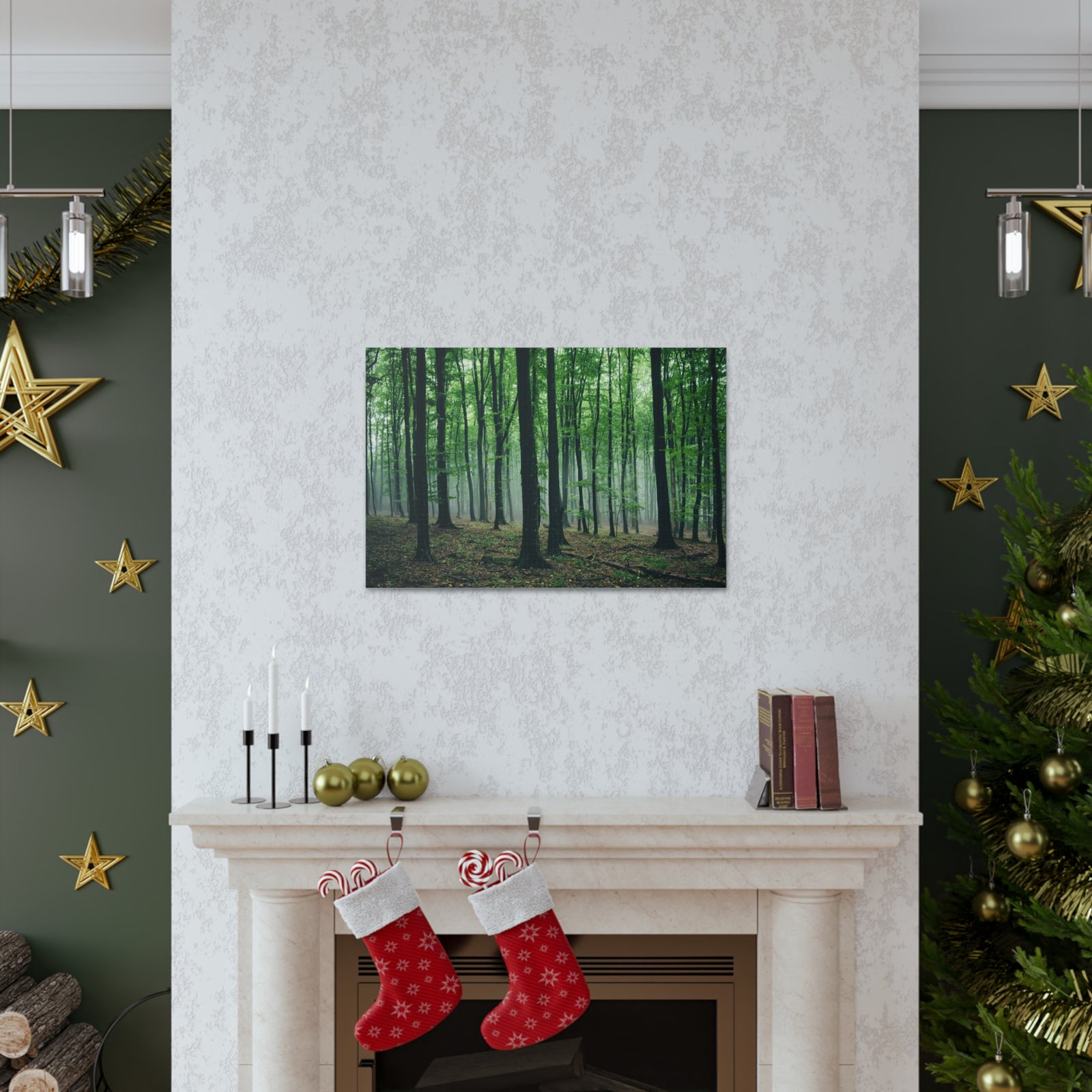 Misty Green Pine Tree Forest Nature Wilderness Photography Canvas Wall Art for Home Decor Ready-to-Hang-Express Your Love Gifts