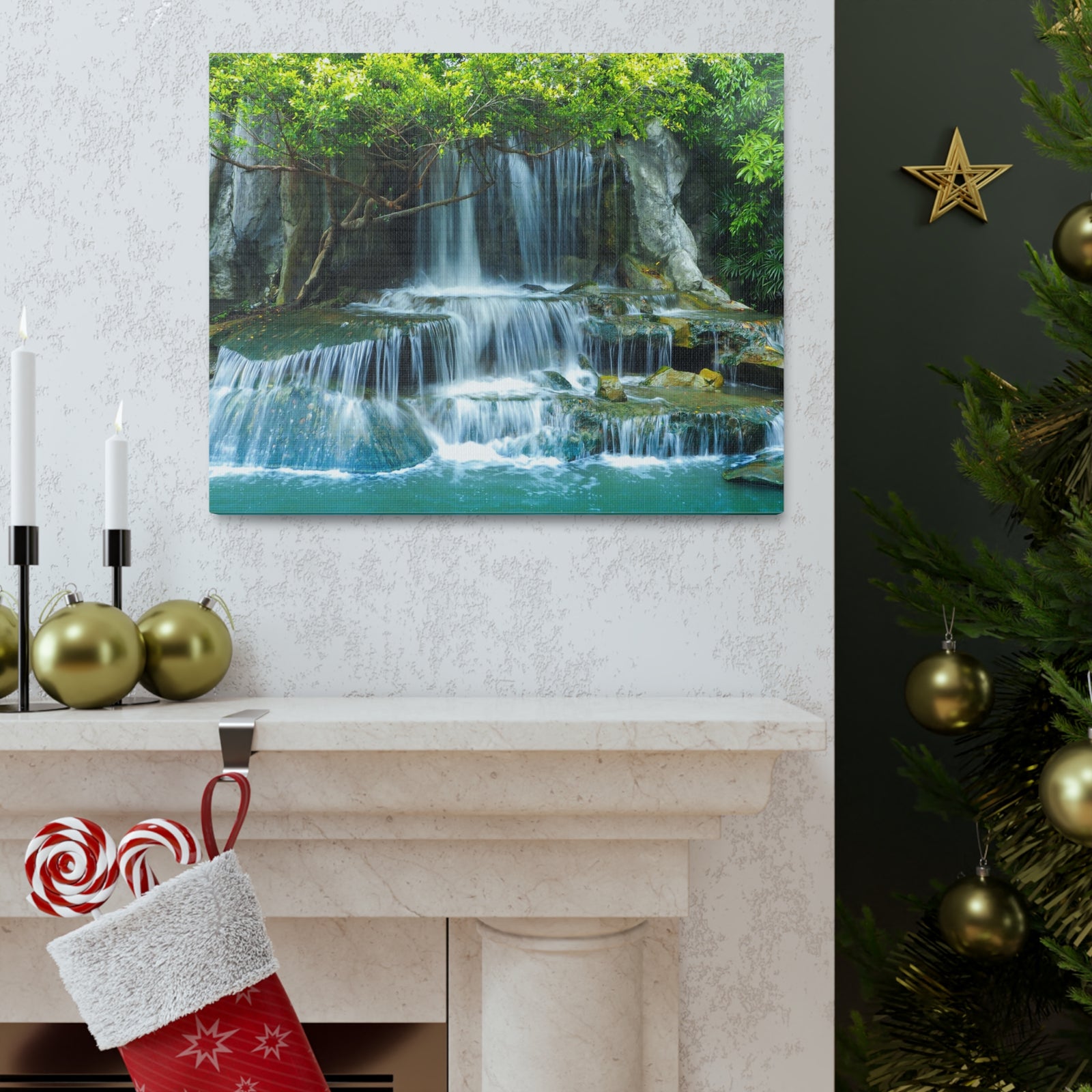 Forest Jungle Cascading Waterfall Nature Wilderness Photography Canvas Wall Art for Home Decor Ready-to-Hang-Express Your Love Gifts