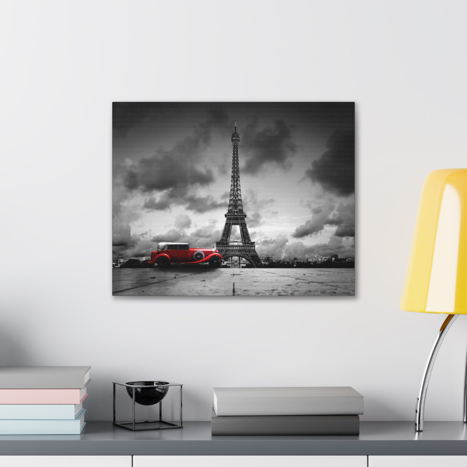 Eiffel Tower And Red Retro Car, France Canvas Artwork High-Quality Breathtaking French City for Home Decor Ready to Hang -Express Your Love Gifts