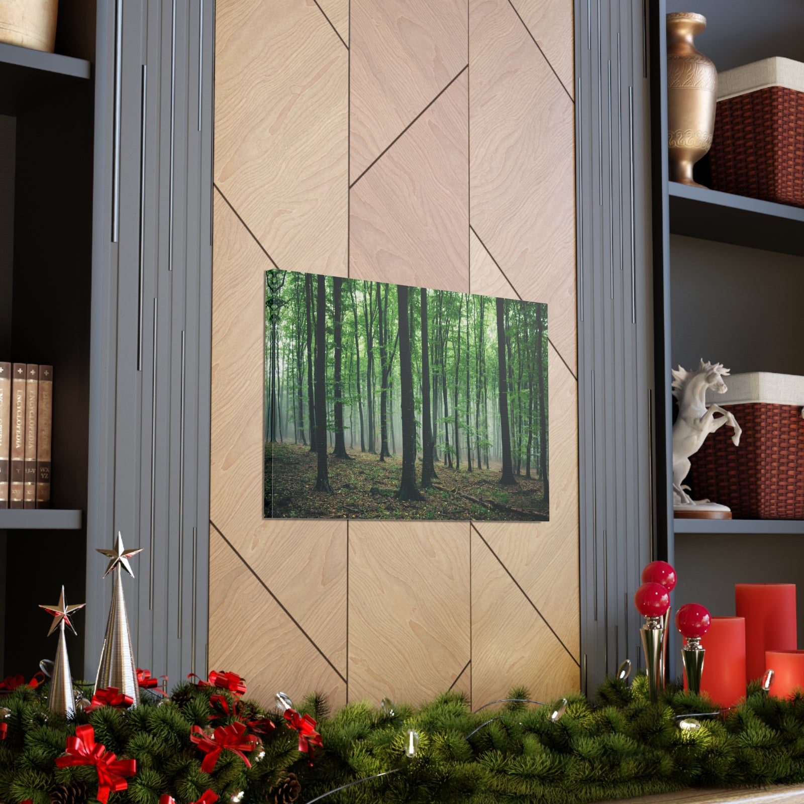 Misty Green Pine Tree Forest Nature Wilderness Photography Canvas Wall Art for Home Decor Ready-to-Hang-Express Your Love Gifts