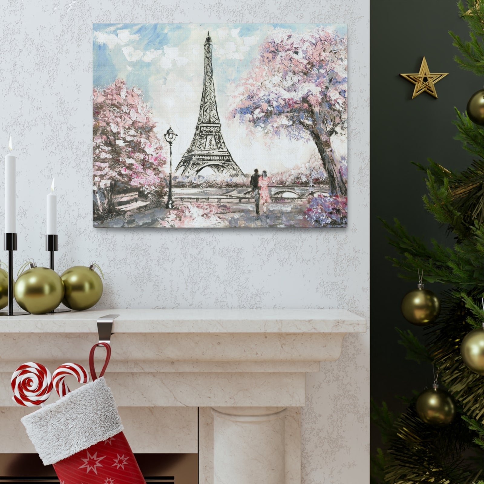 Pink Couple Eiffel Tower France Canvas Artwork High-Quality Breathtaking French City for Home Decor Ready to Hang-Express Your Love Gifts