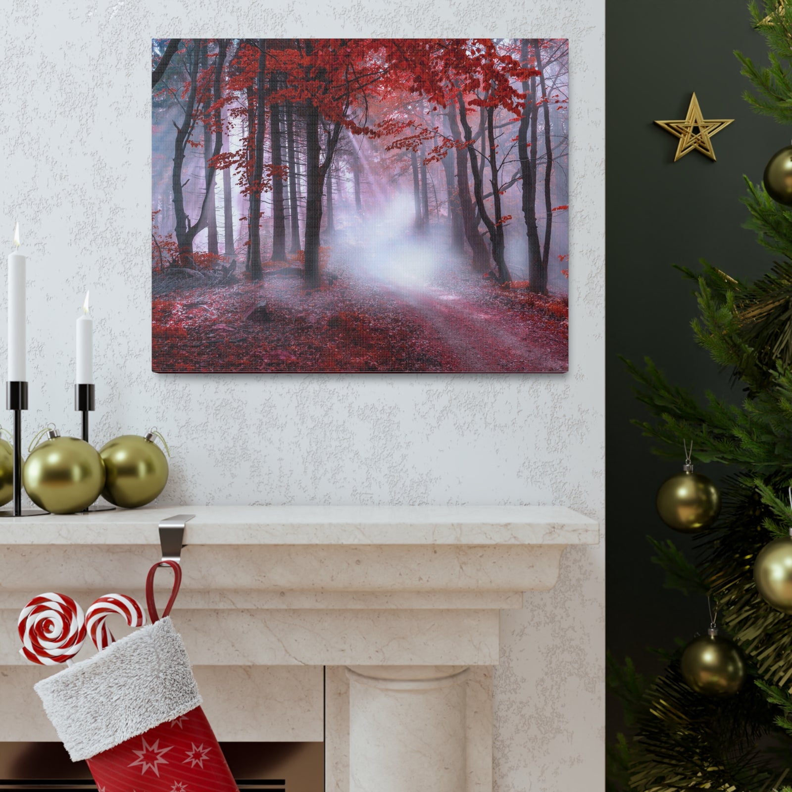 Foggy Autumn Forest Orange Leaves Nature Wilderness Photography Canvas Wall Art for Home Decor Ready-to-Hang-Express Your Love Gifts