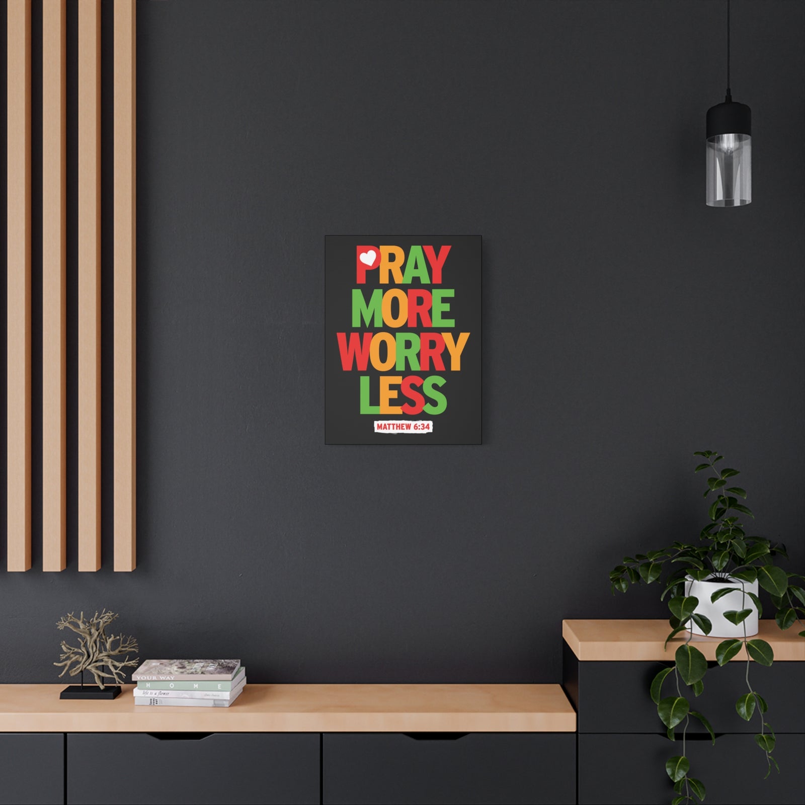 Scripture Canvas Pray More Worry Less Matthew 6:34 Christian Wall Art Bible Verse Print Ready To Hang-Express Your Love Gifts