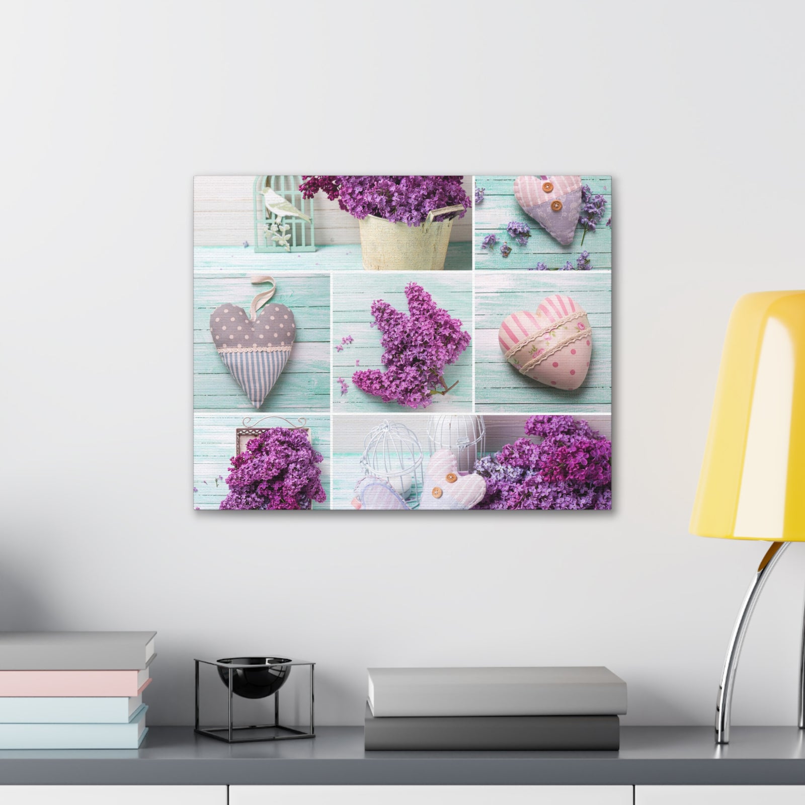 Lilac Flowers Decorative Hearts Collage On Wooden Plank Canvas Wall Art for Home Decor Ready-to-Hang-Express Your Love Gifts