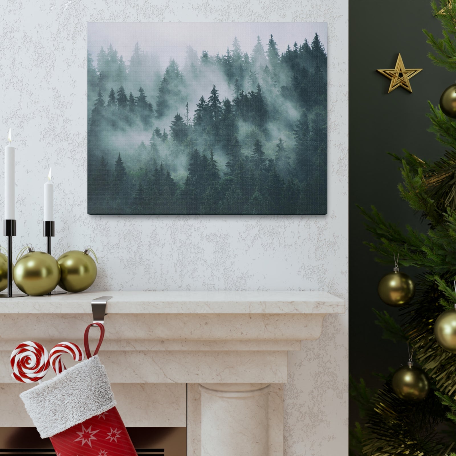 Misty Green Forest Pine Tree Nature Wilderness Photography Canvas Wall Art for Home Decor Ready-to-Hang-Express Your Love Gifts