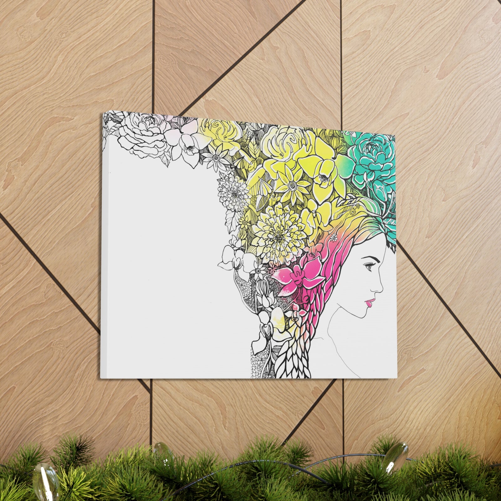 Young Girl With Hair Made Of Flowers And Leaves Flower Canvas Wall Art for Home Decor Ready-to-Hang-Express Your Love Gifts