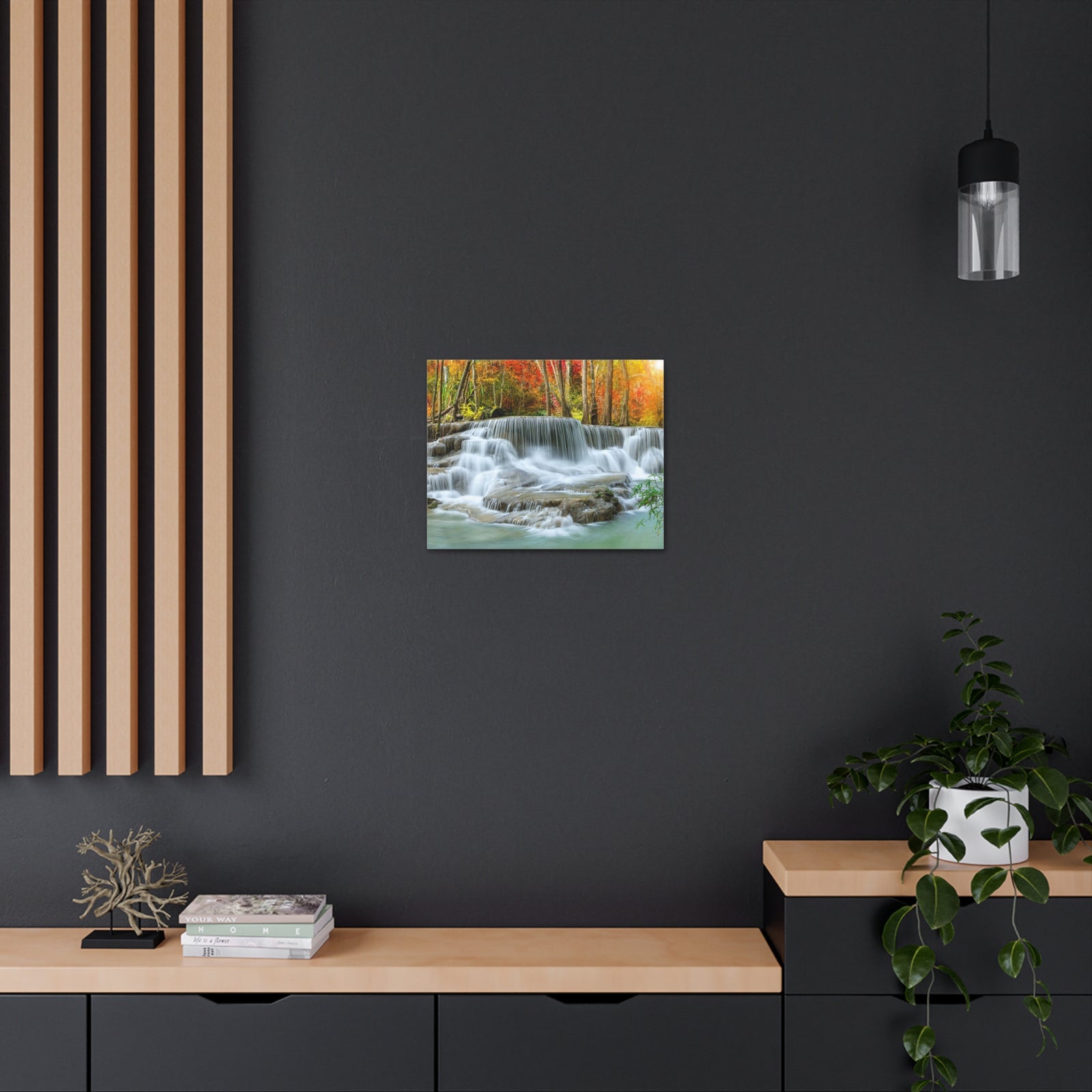 Cascading Autumn Forest Waterfall Nature Wilderness Photography Canvas Wall Art for Home Decor Ready-to-Hang-Express Your Love Gifts