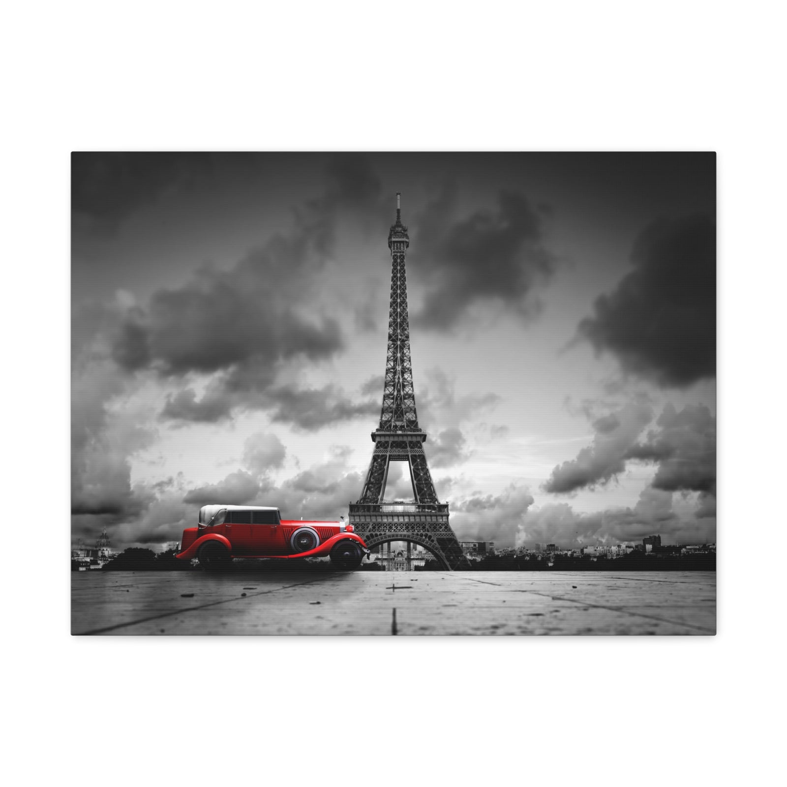 Eiffel Tower And Red Retro Car, France Canvas Artwork High-Quality Breathtaking French City for Home Decor Ready to Hang -Express Your Love Gifts