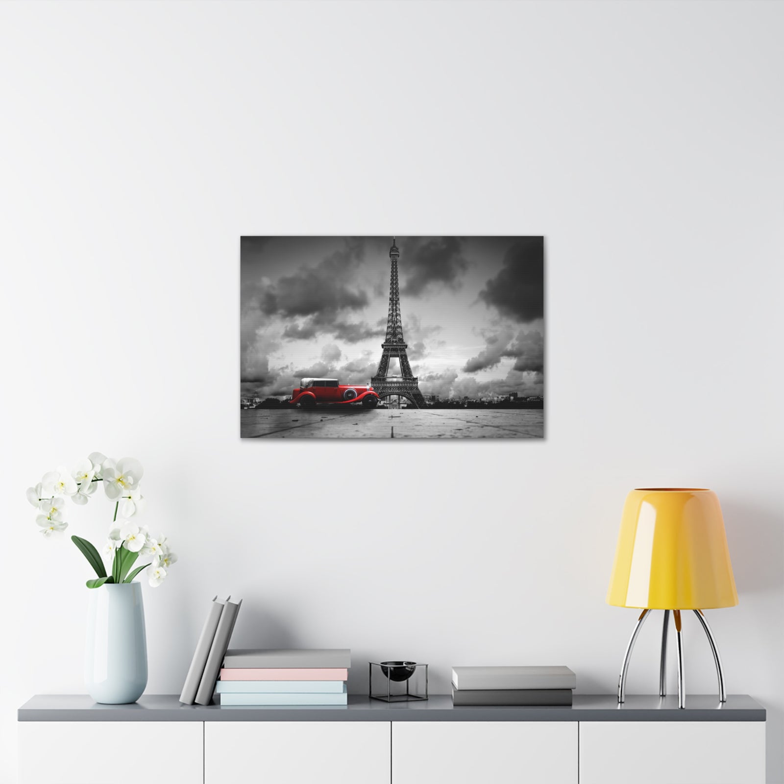 Eiffel Tower Skyline Black White Rain Red Umbrella Canvas Artwork High-Quality Breathtaking Stunning Cityscape for Home Decor Ready to Hang-Express Your Love Gifts