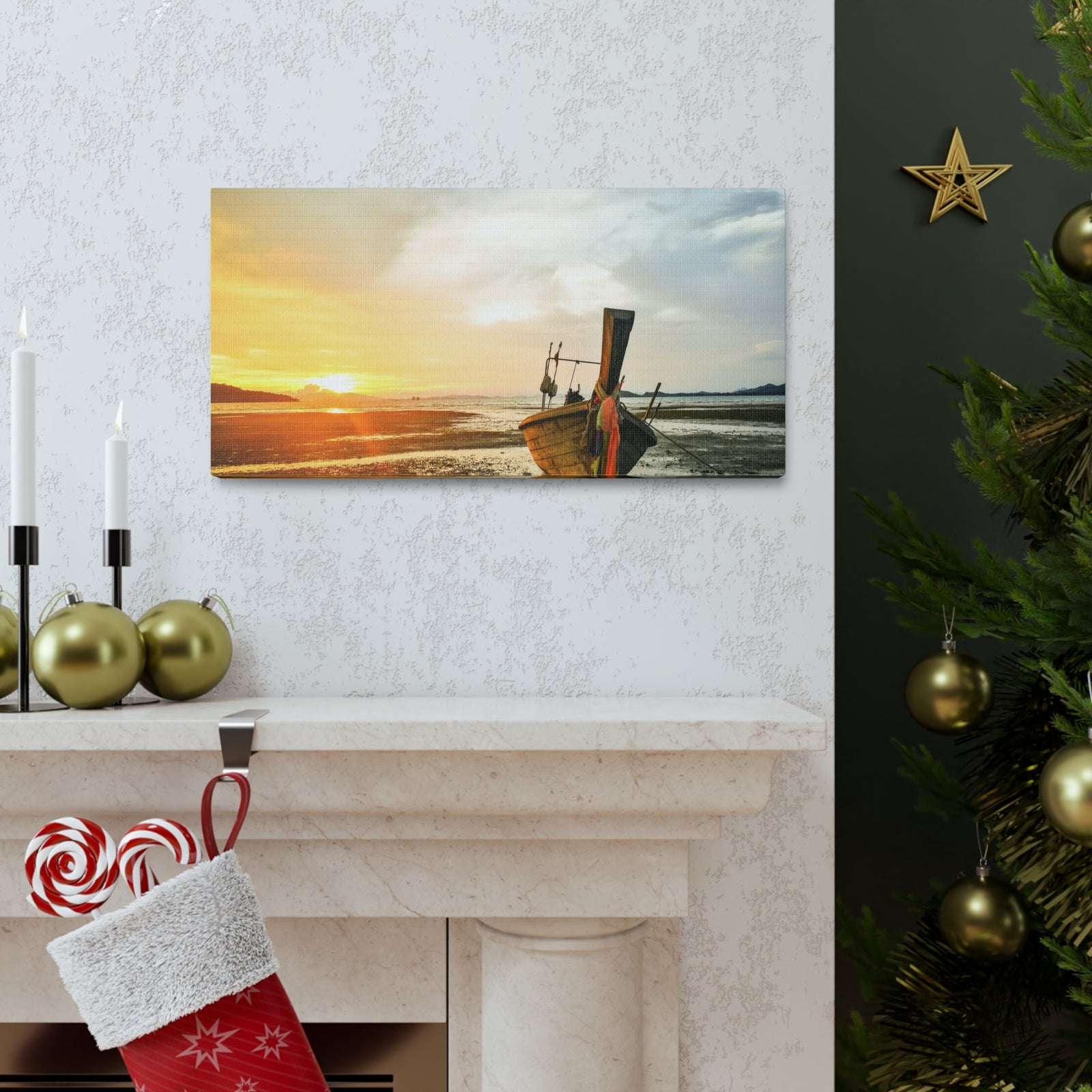 Longtail Boat Sunset Time Ocean Canvas Wall Art for Home Decor Ready-to-Hang-Express Your Love Gifts