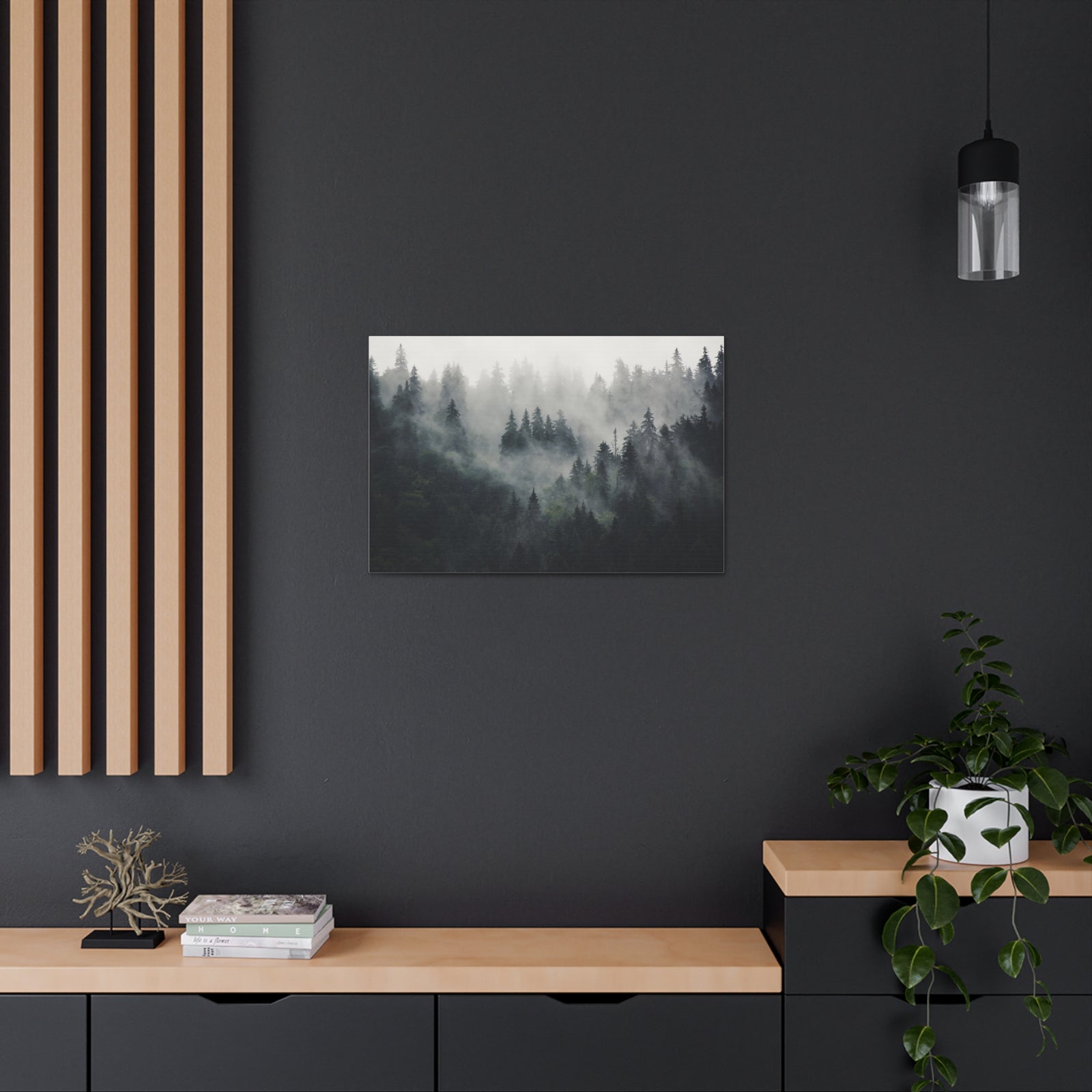 Misty Pine Tree Green Forest Nature Wilderness Photography Canvas Wall Art for Home Decor Ready-to-Hang-Express Your Love Gifts