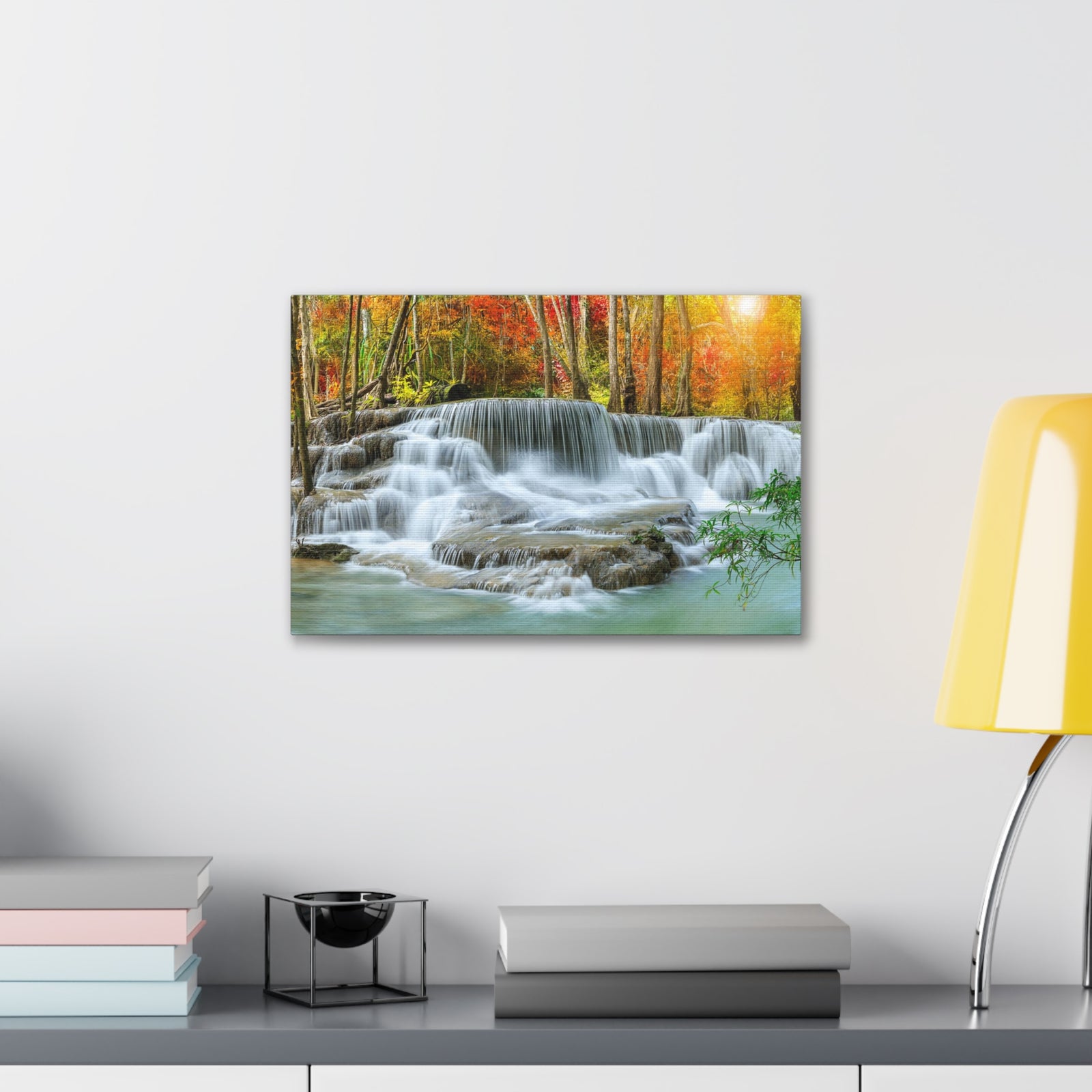 Cascading Autumn Forest Waterfall Nature Wilderness Photography Canvas Wall Art for Home Decor Ready-to-Hang-Express Your Love Gifts
