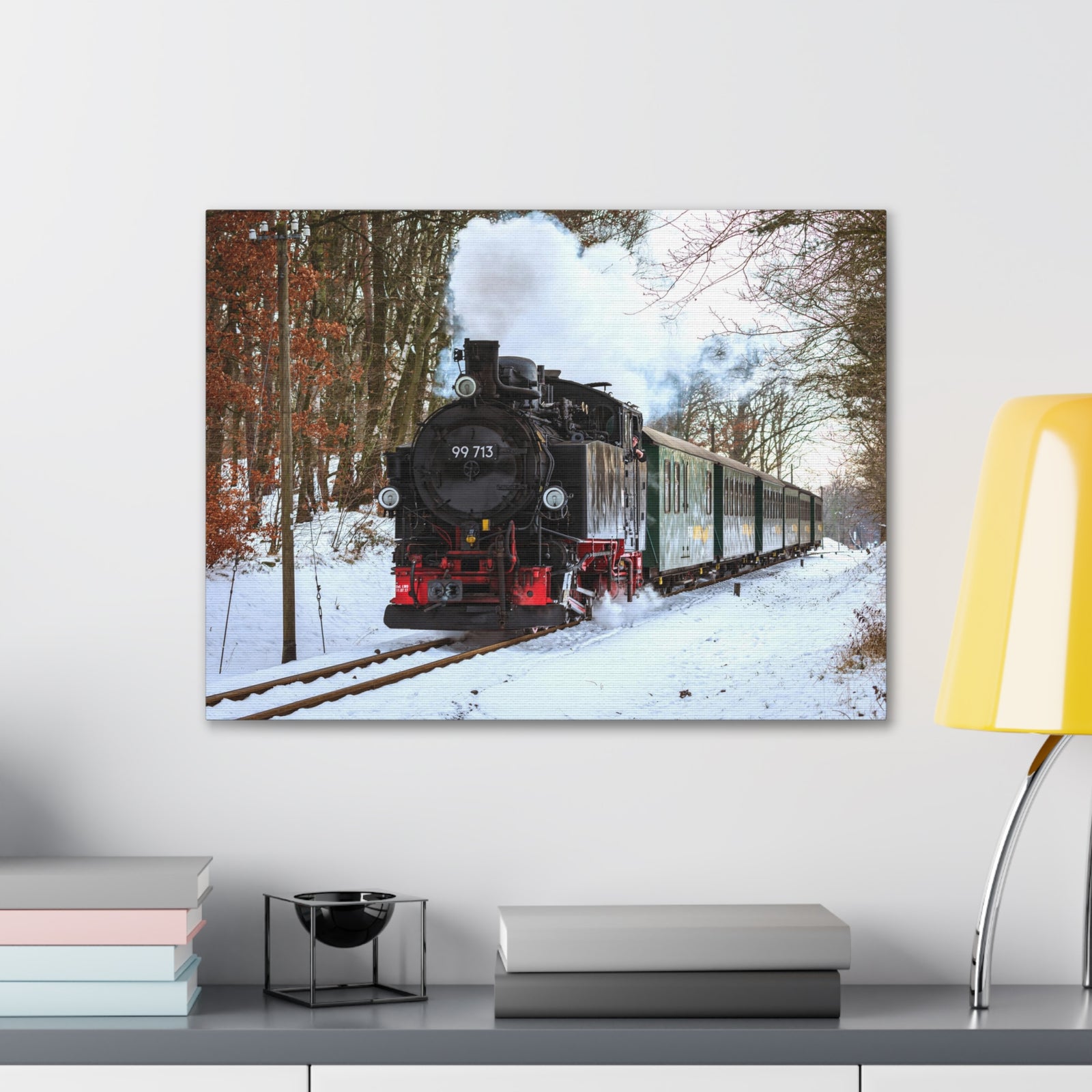 Steam Train Winter White Smoke Modern Multicolor Scenic Nature Photography Canvas Home Office Decor Ready to Hang-Express Your Love Gifts