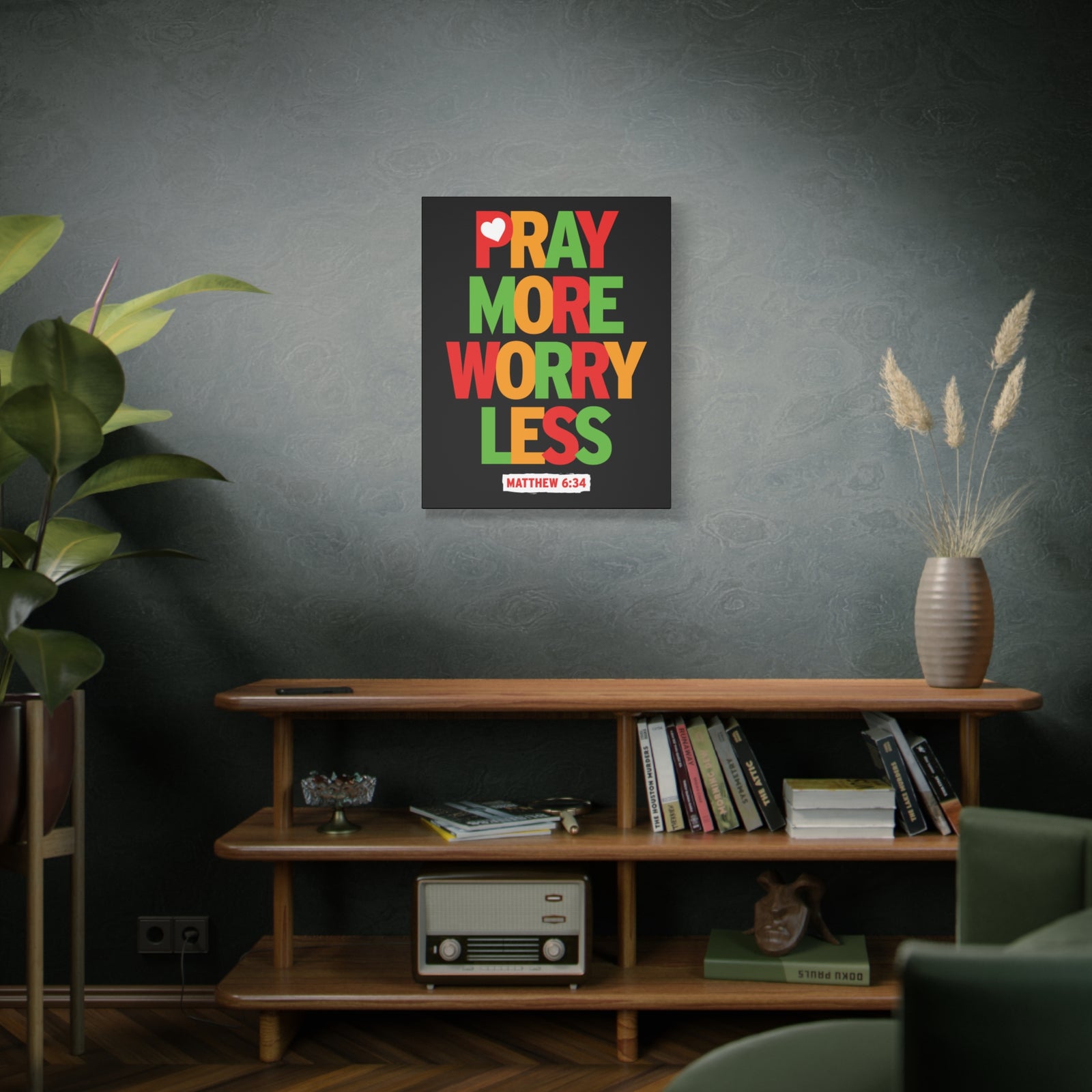 Scripture Canvas Pray More Worry Less Matthew 6:34 Christian Wall Art Bible Verse Print Ready To Hang-Express Your Love Gifts
