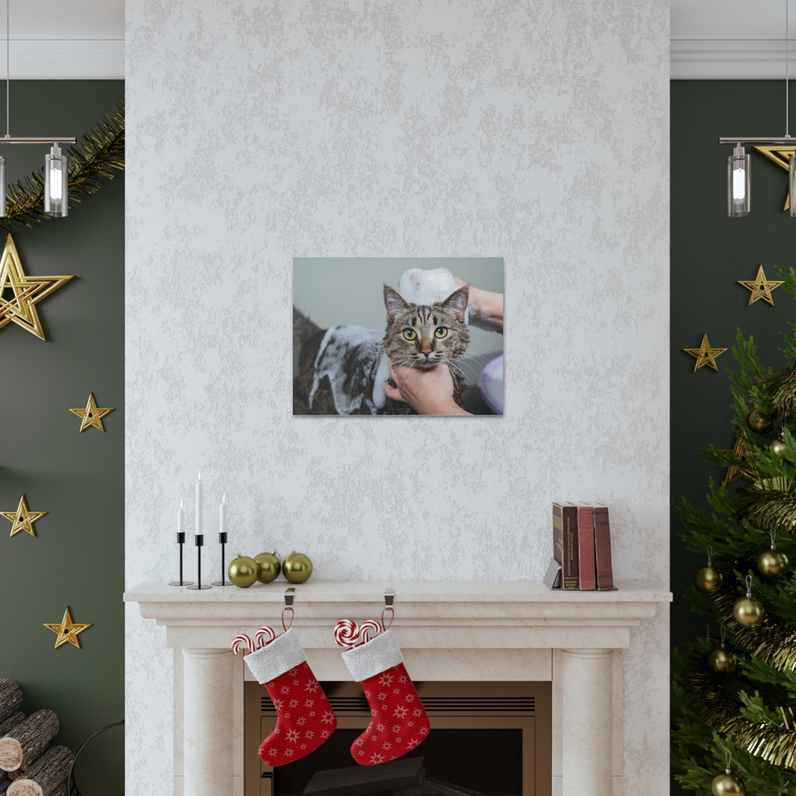 Cute Tabby Gray Cat Bathee Canvas Wall Art for Home Decor Ready-to-Hang-Express Your Love Gifts