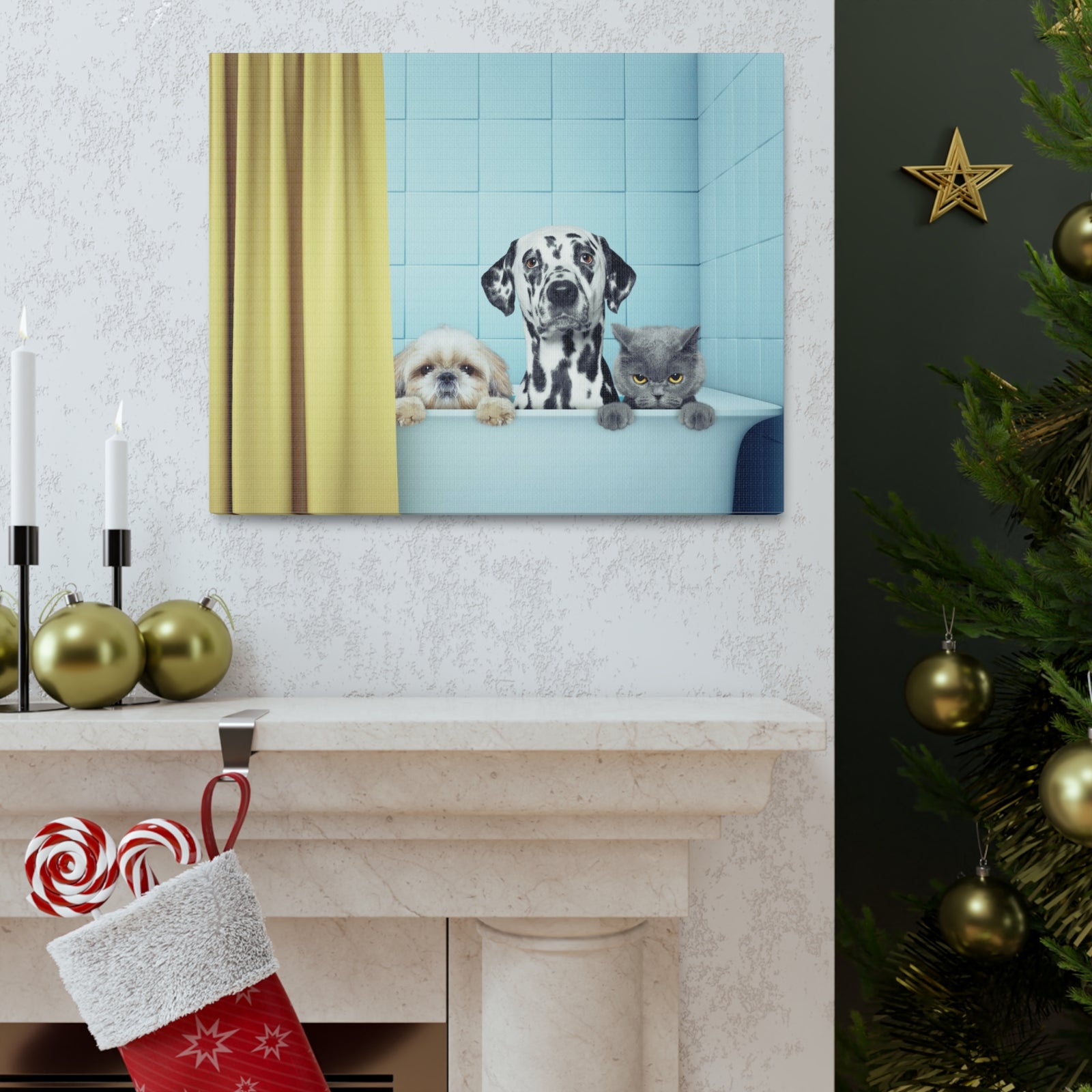 Cute Two Dogs and Cat Canvas Wall Art for Home Decor Ready-to-Hang-Express Your Love Gifts