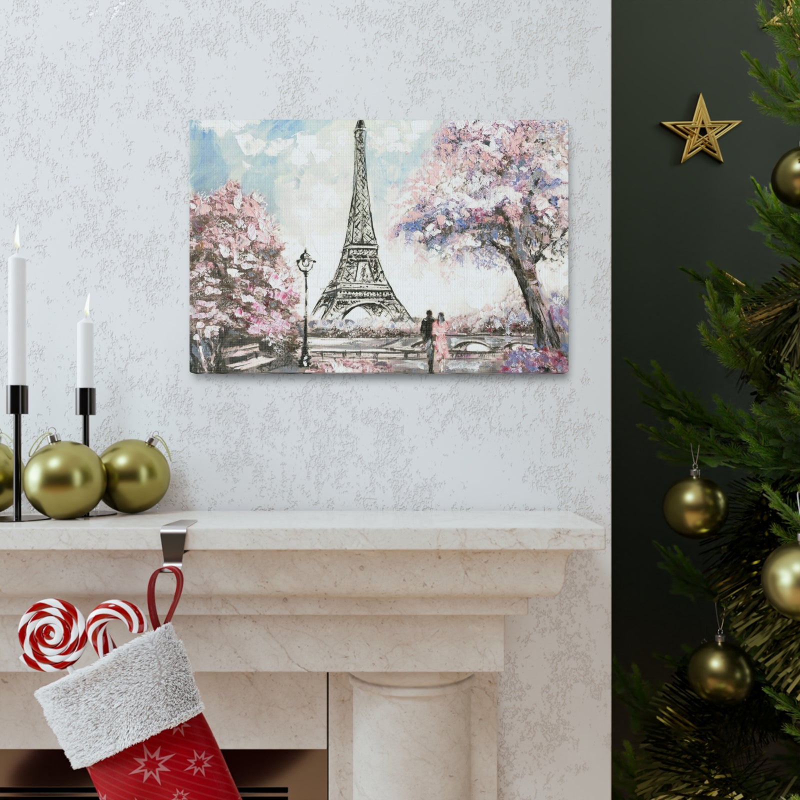 Pink Couple Eiffel Tower France Canvas Artwork High-Quality Breathtaking French City for Home Decor Ready to Hang-Express Your Love Gifts