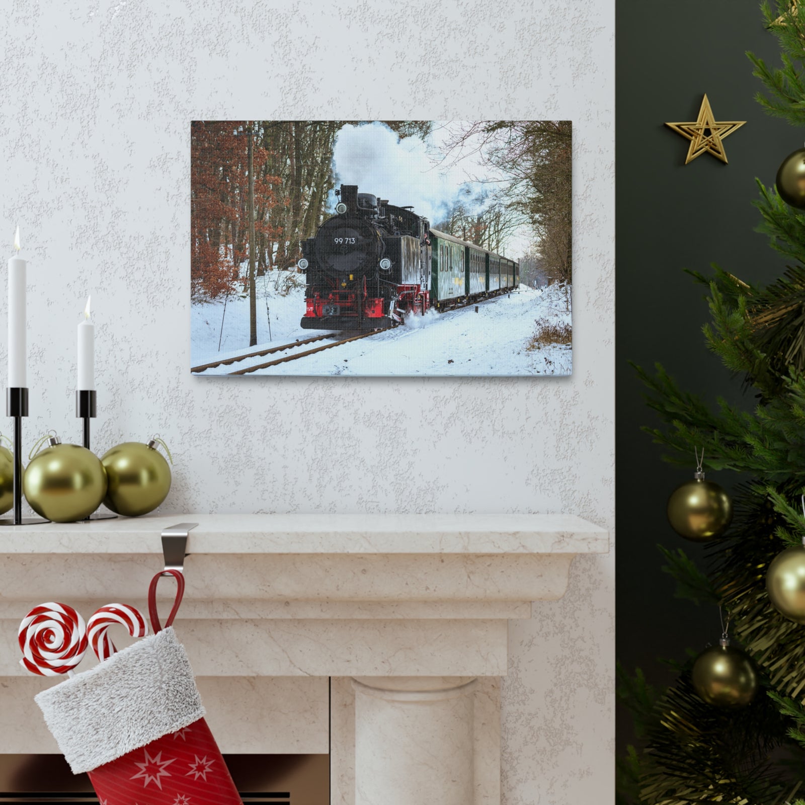 Steam Train Winter White Smoke Modern Multicolor Scenic Nature Photography Canvas Home Office Decor Ready to Hang-Express Your Love Gifts