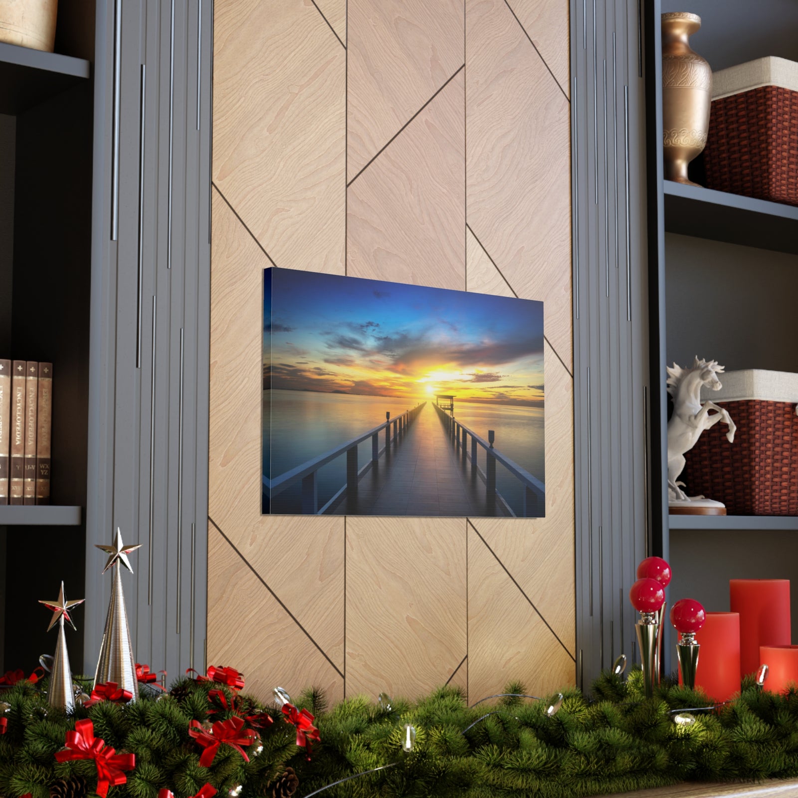 Sunset Beach Pier Nature Wilderness Photography Canvas Wall Art for Home Decor Ready-to-Hang-Express Your Love Gifts