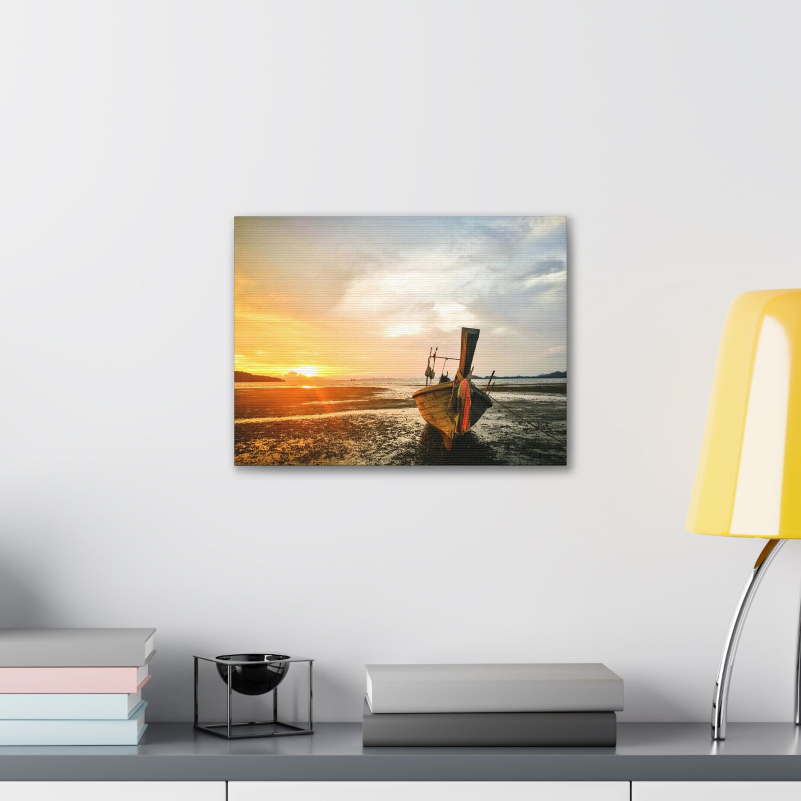 Longtail Boat Sunset Time Ocean Canvas Wall Art for Home Decor Ready-to-Hang-Express Your Love Gifts