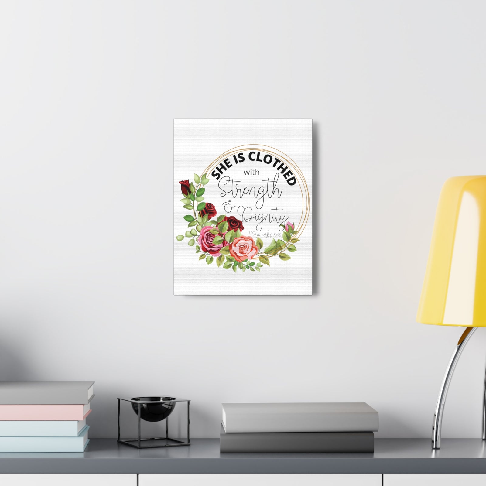 Scripture Walls Proverbs 31:25 Strength and Dignity Floral Wreath Bible Verse Canvas Christian Wall Art Ready to Hang Unframed-Express Your Love Gifts