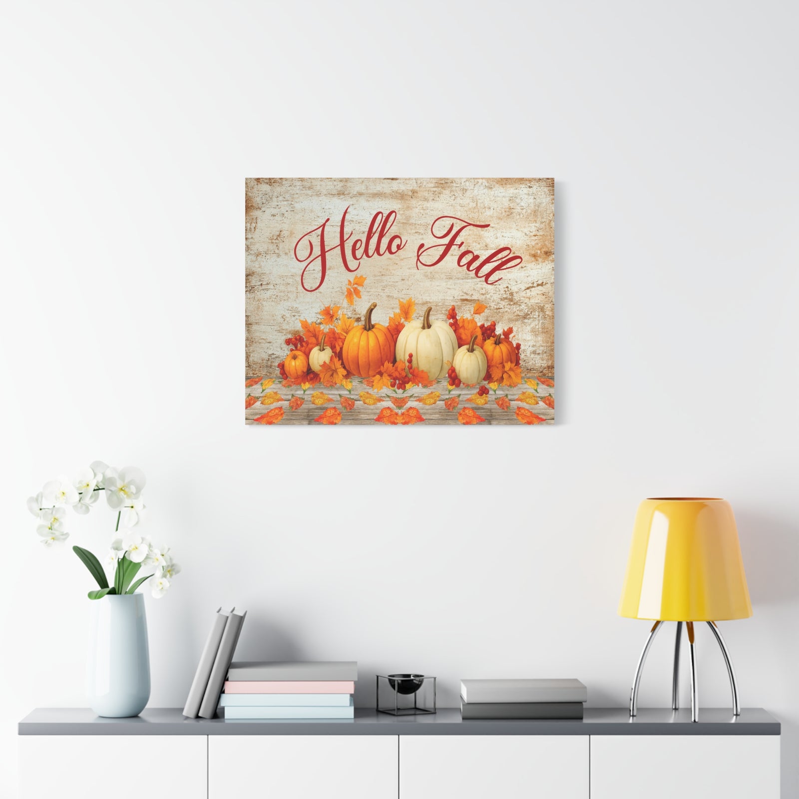 Hello Fall Pumpkin Canvas Wall Art – Rustic Autumn Farmhouse Decor-Express Your Love Gifts