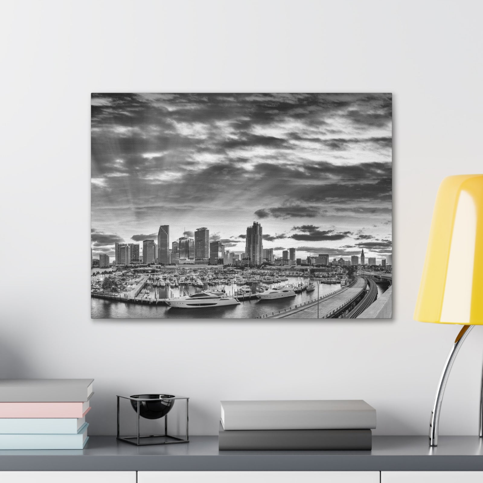 Miami Black And White Skyline Canvas Artwork High-Quality Breathtaking Stunning Cityscape for Home Decor Ready to Hang-Express Your Love Gifts