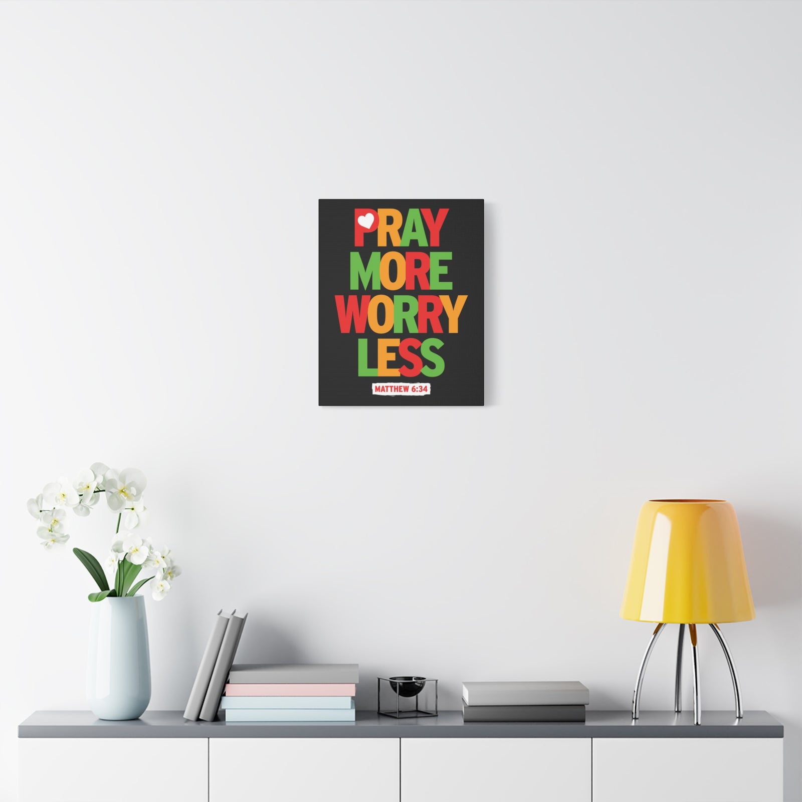 Scripture Canvas Pray More Worry Less Matthew 6:34 Christian Wall Art Bible Verse Print Ready To Hang-Express Your Love Gifts