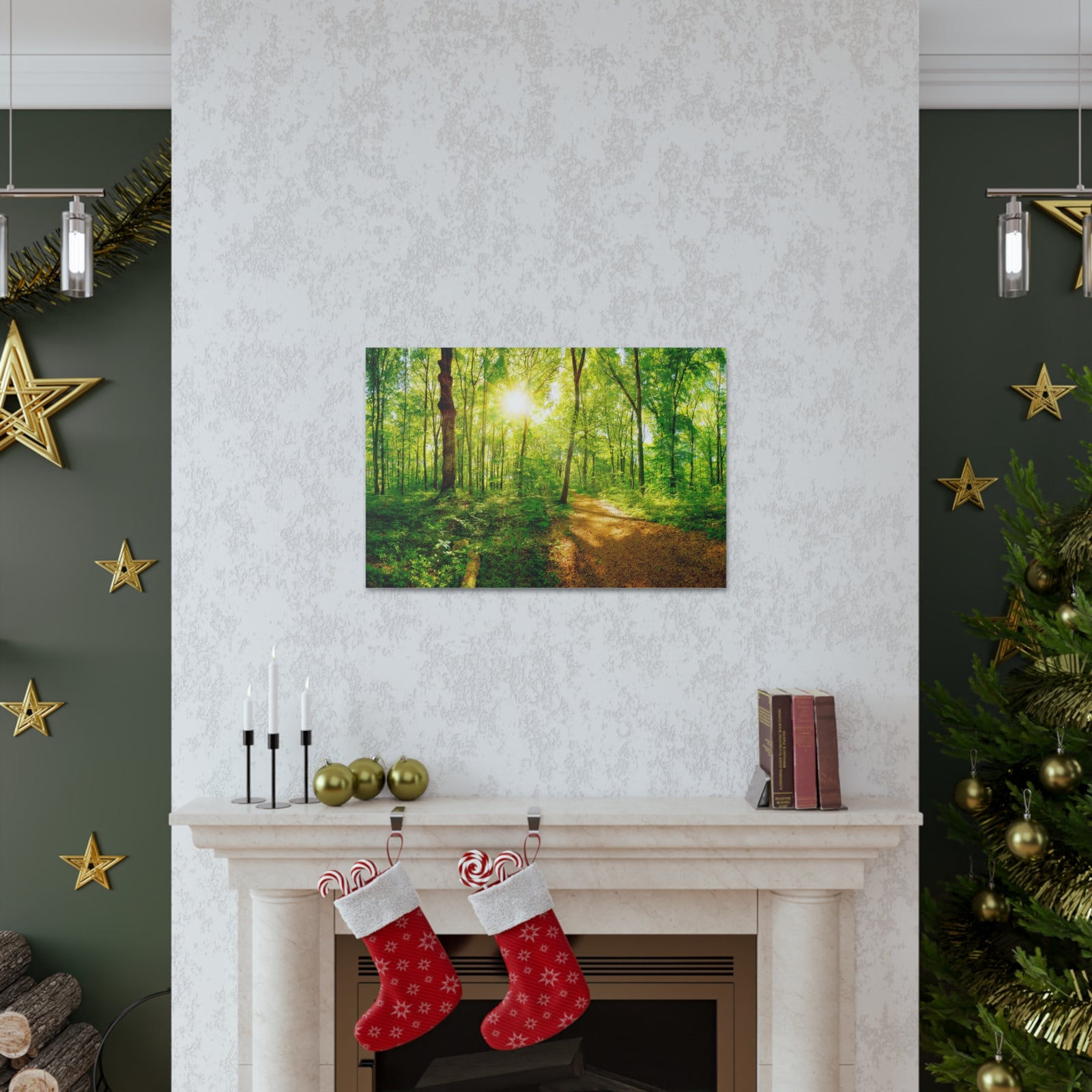 Green Forest Sunlight Nature Wilderness Photography Canvas Wall Art for Home Decor Ready-to-Hang-Express Your Love Gifts