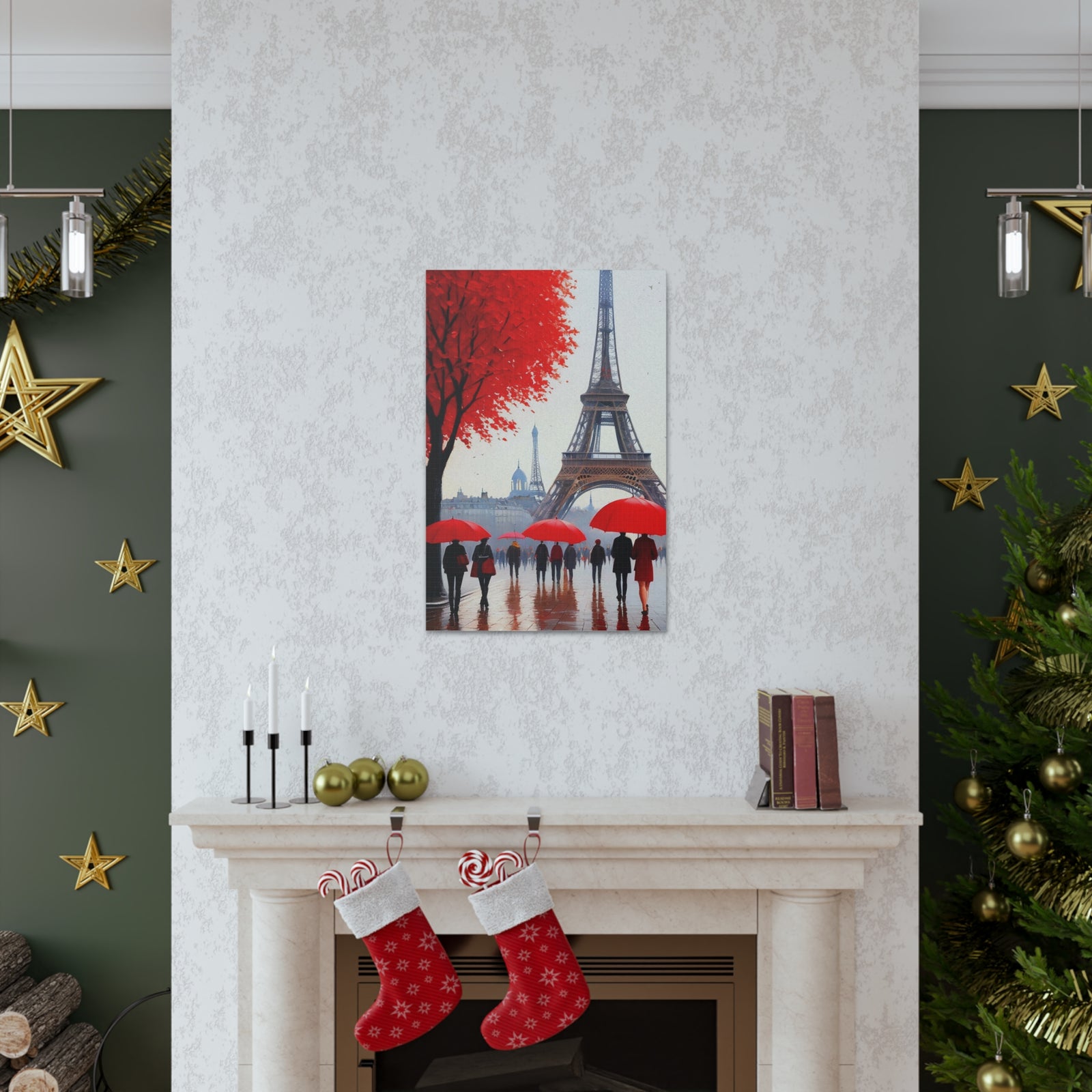 Paris Eiffel Tower Crowd With Red Umbrella France Canvas Artwork High-Quality Breathtaking French City for Home Decor Ready to Hang-Express Your Love Gifts