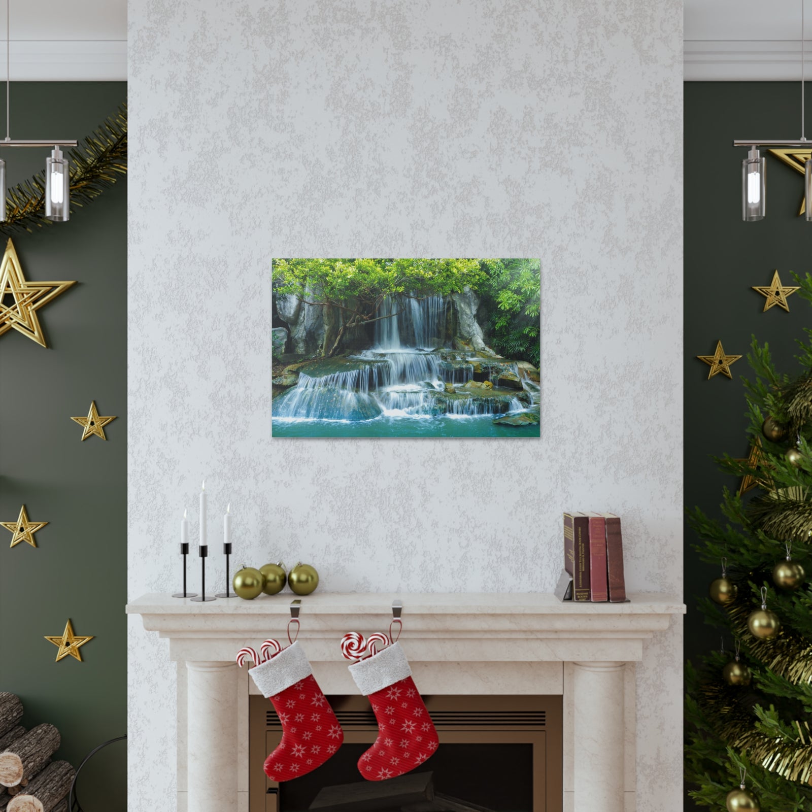 Forest Jungle Cascading Waterfall Nature Wilderness Photography Canvas Wall Art for Home Decor Ready-to-Hang-Express Your Love Gifts