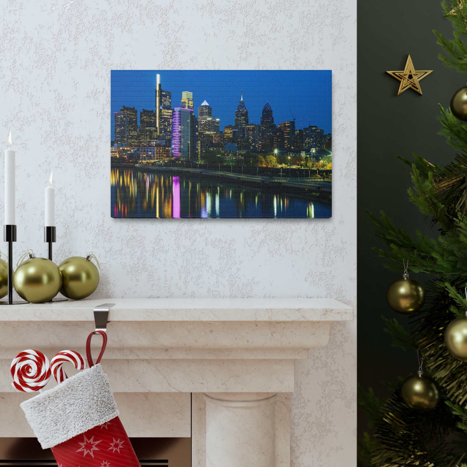 Philadelphia Night Skyline Canvas Artwork High-Quality Breathtaking Stunning Cityscape for Home Decor Ready to Hang-Express Your Love Gifts