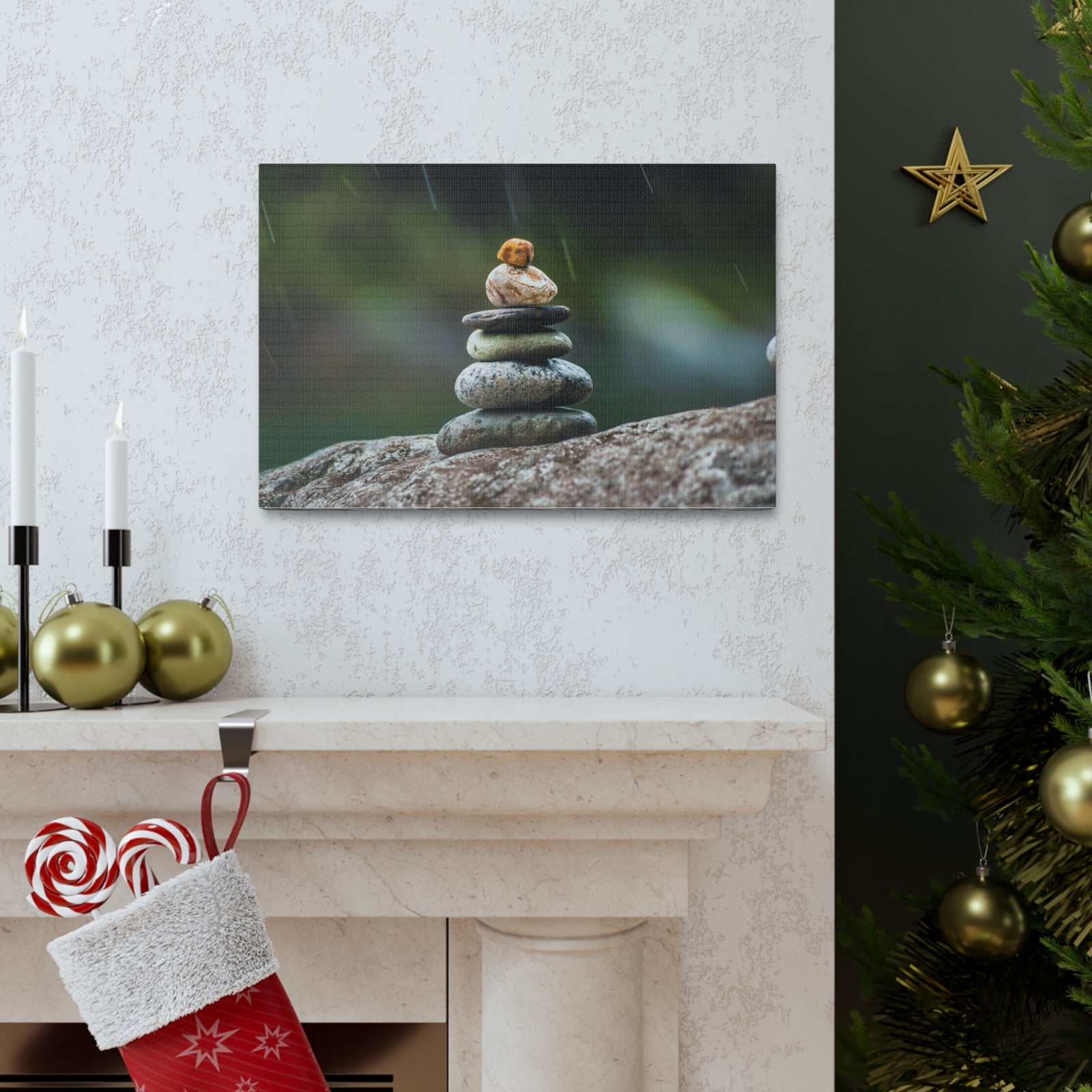 Rocks in Peaceful Rainforest Forest Floral Nature Photography Canvas Wall Art for Home Decor Ready-to-Hang-Express Your Love Gifts