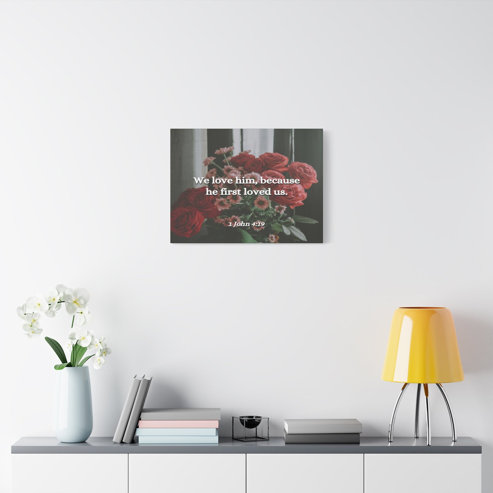 Scripture Canvas Because He First Loved Us 1 John 4:19 Christian Wall Art Bible Verse Print Ready to Hang-Express Your Love Gifts