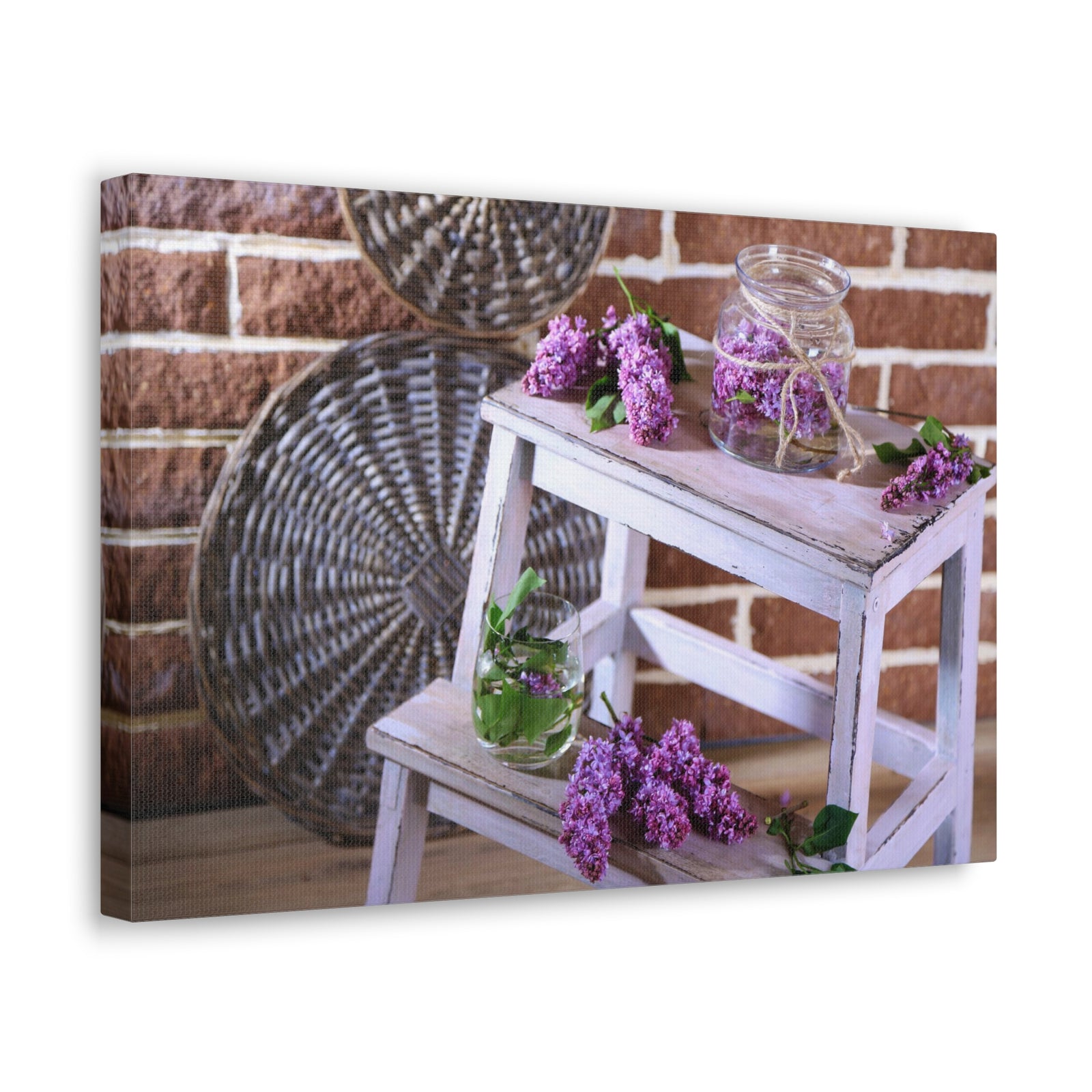 Beautiful Lilac Flowers On Wooden Ladder Rustic Design Canvas Wall Art for Home Decor Ready-to-Hang-Express Your Love Gifts