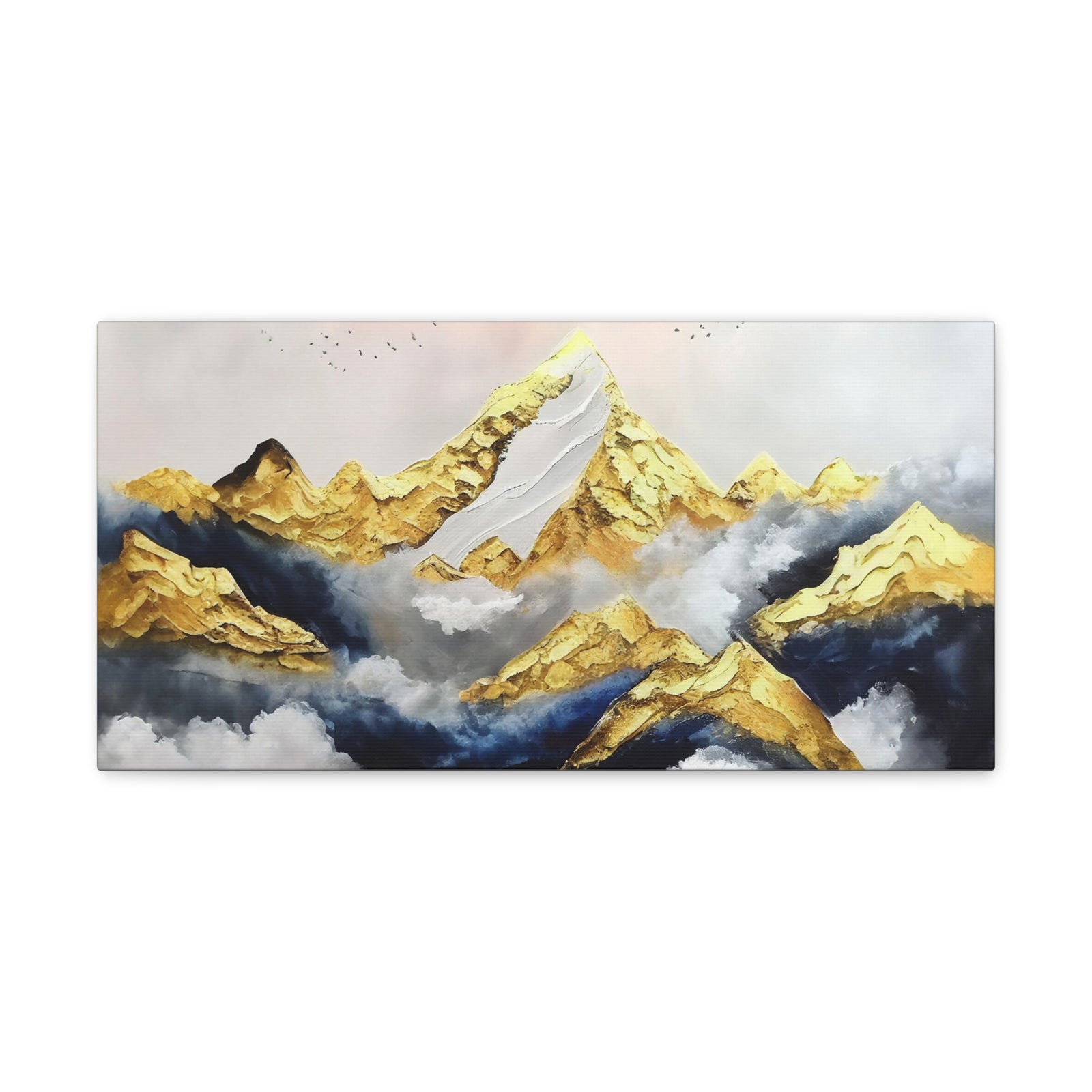 Mountaintop Landscape Birds Flying White Gold and Blue Painting Canvas Wall Art for Home Decor Ready-to-Hang-Express Your Love Gifts