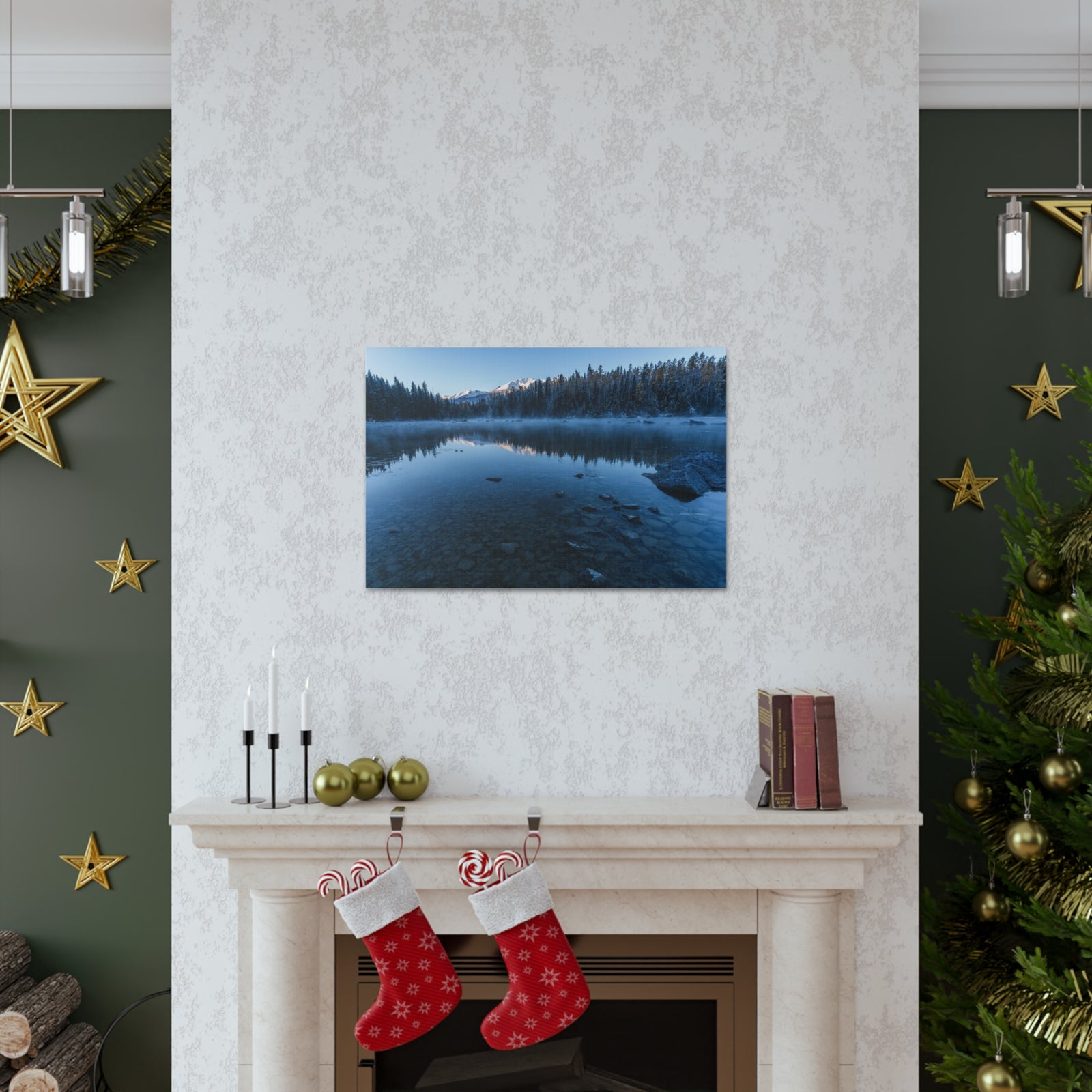 Clear Winter Lake Pine Tree Mountain Nature Wilderness Photography Canvas Wall Art for Home Decor Ready-to-Hang-Express Your Love Gifts