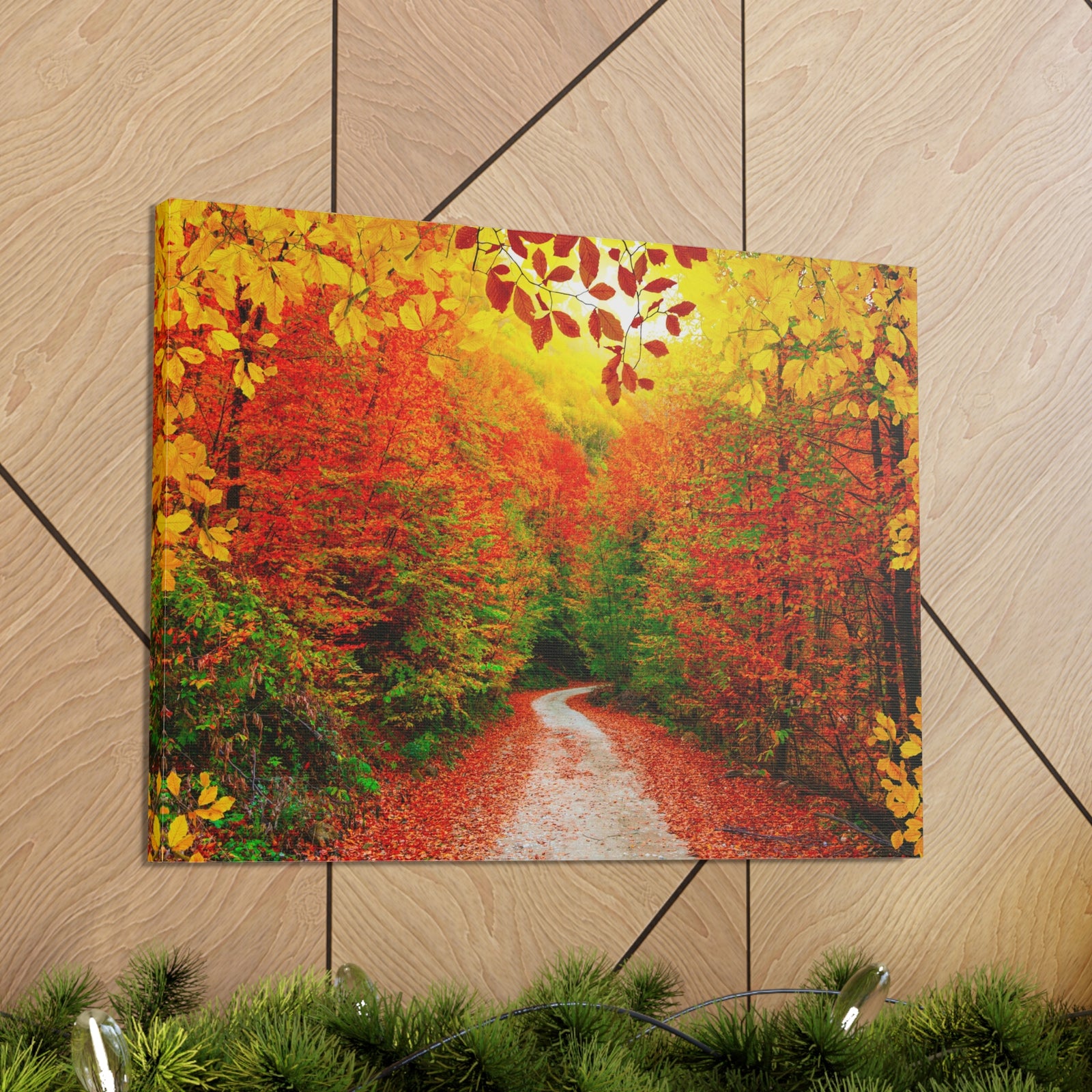 Autumn Fall Orange Leaf Forest Tree Trail Nature Wilderness Photography Canvas Wall Art for Home Decor Ready-to-Hang-Express Your Love Gifts