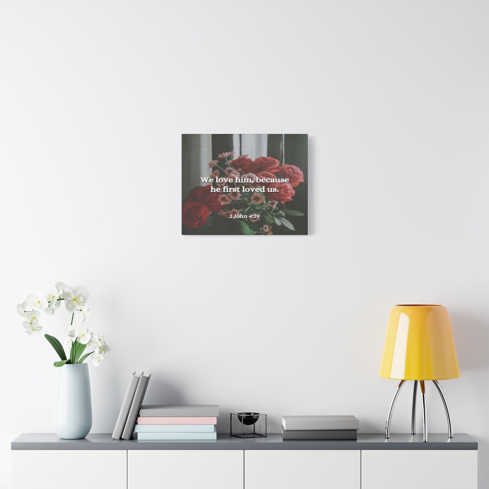 Scripture Canvas Because He First Loved Us 1 John 4:19 Christian Wall Art Bible Verse Print Ready to Hang-Express Your Love Gifts