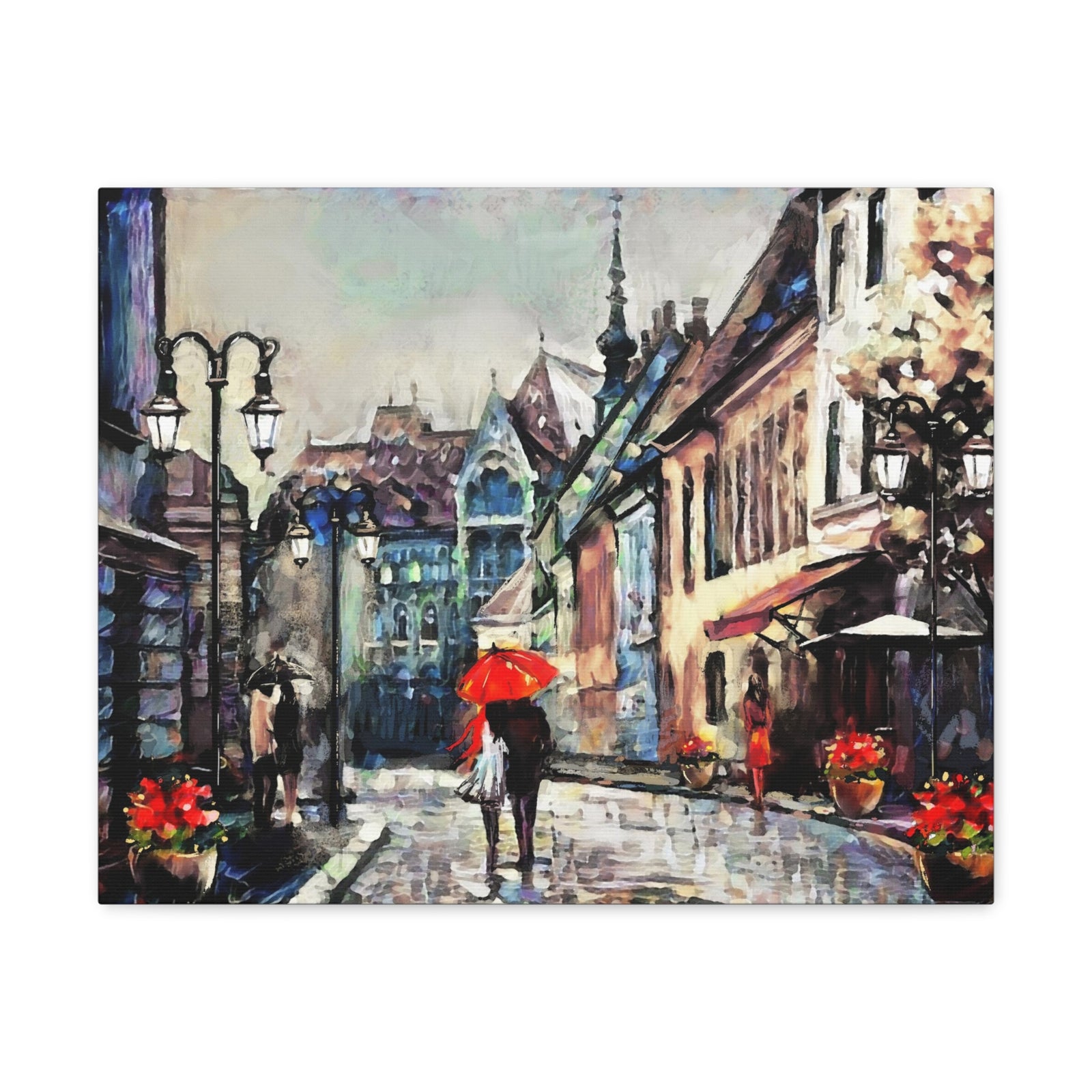 Paris Street View Couple With Red Umbrella France Canvas Artwork High-Quality Breathtaking French City for Home Decor Ready to Hang-Express Your Love Gifts