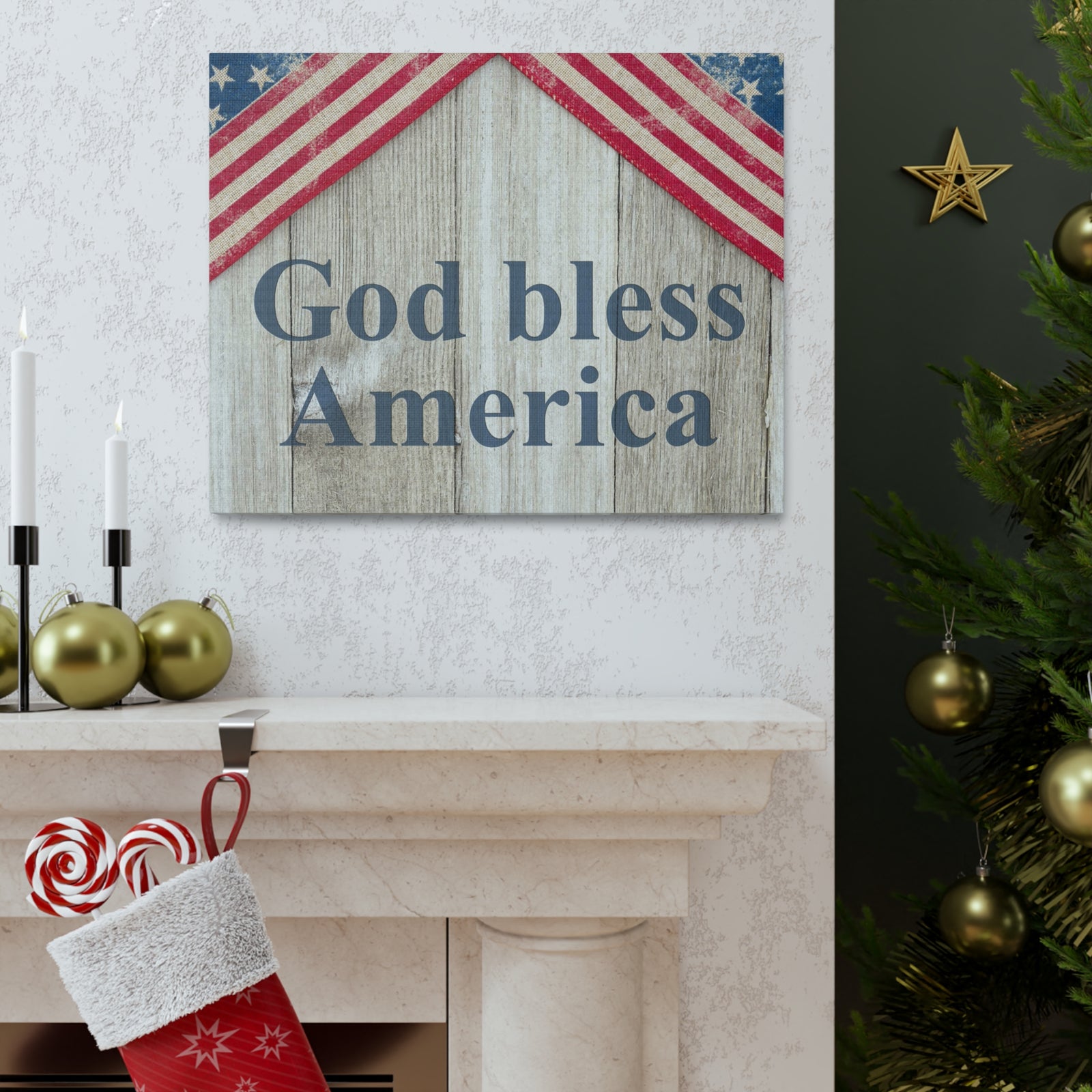 God Bless America Patriotic Message Canvas Wall Art for Home Decor Ready-to-Hang-Express Your Love Gifts