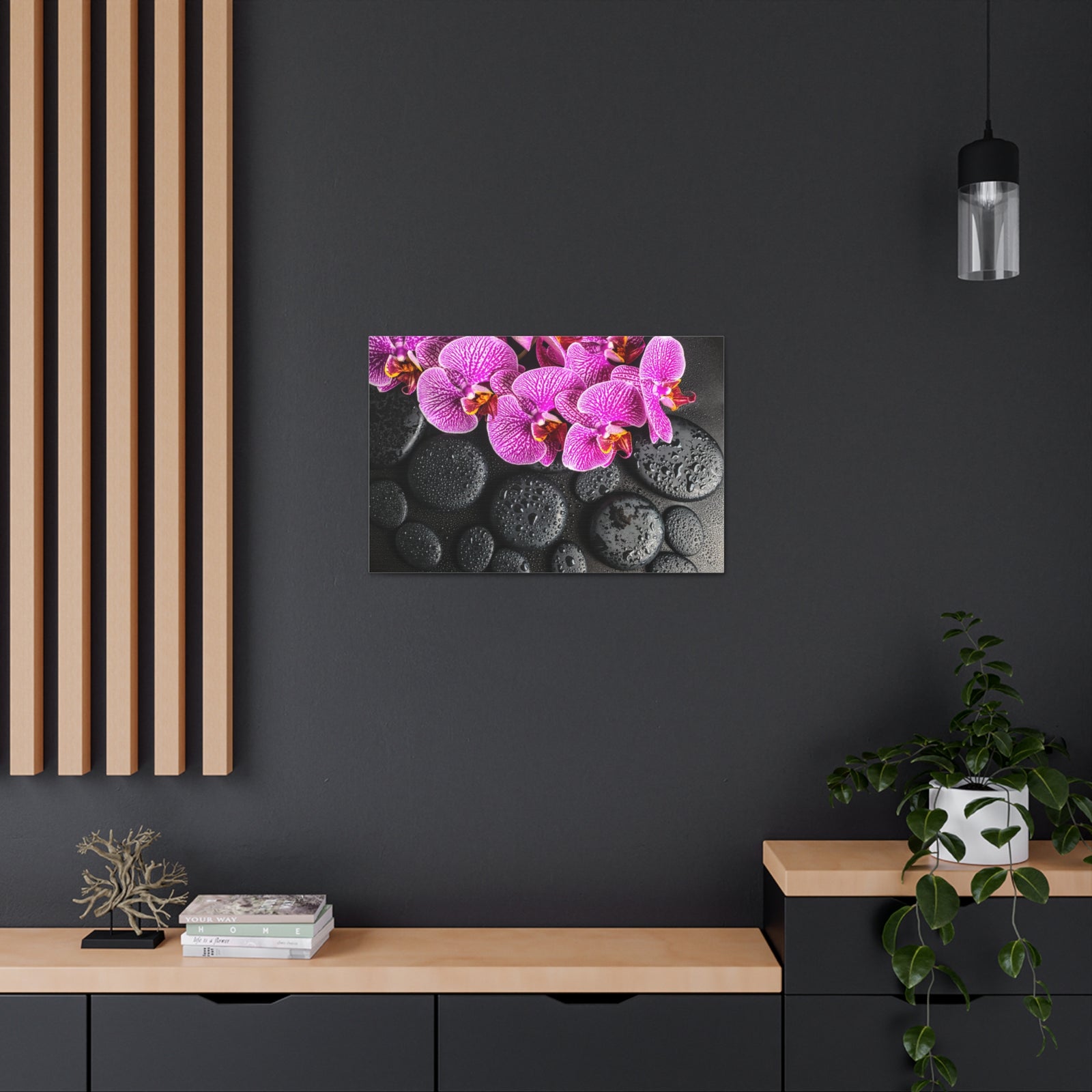 Violet Orchid on Stones Forest Floral Nature Photography Canvas Wall Art for Home Decor Ready-to-Hang-Express Your Love Gifts