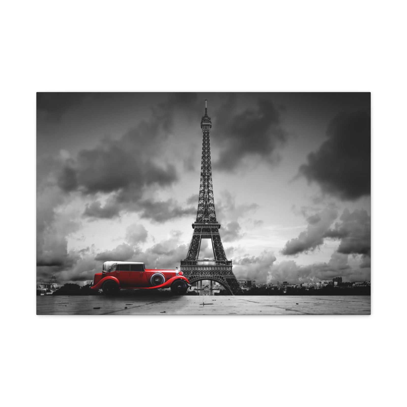 Eiffel Tower And Red Retro Car, France Canvas Artwork High-Quality Breathtaking French City for Home Decor Ready to Hang -Express Your Love Gifts