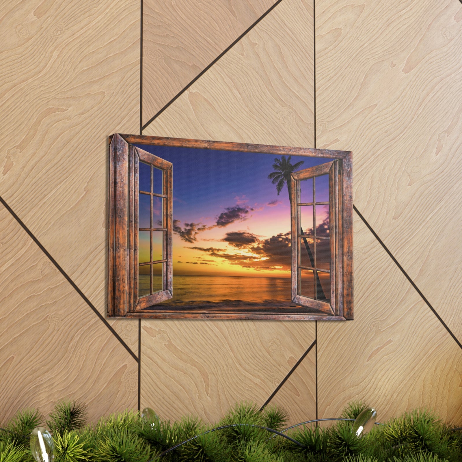 Canvas Print Wall Art Window Sunset Sea Nature Photography Realism Scenic Landscape Colorful Multicolor for Home Decor Ready to Hang-Express Your Love Gifts