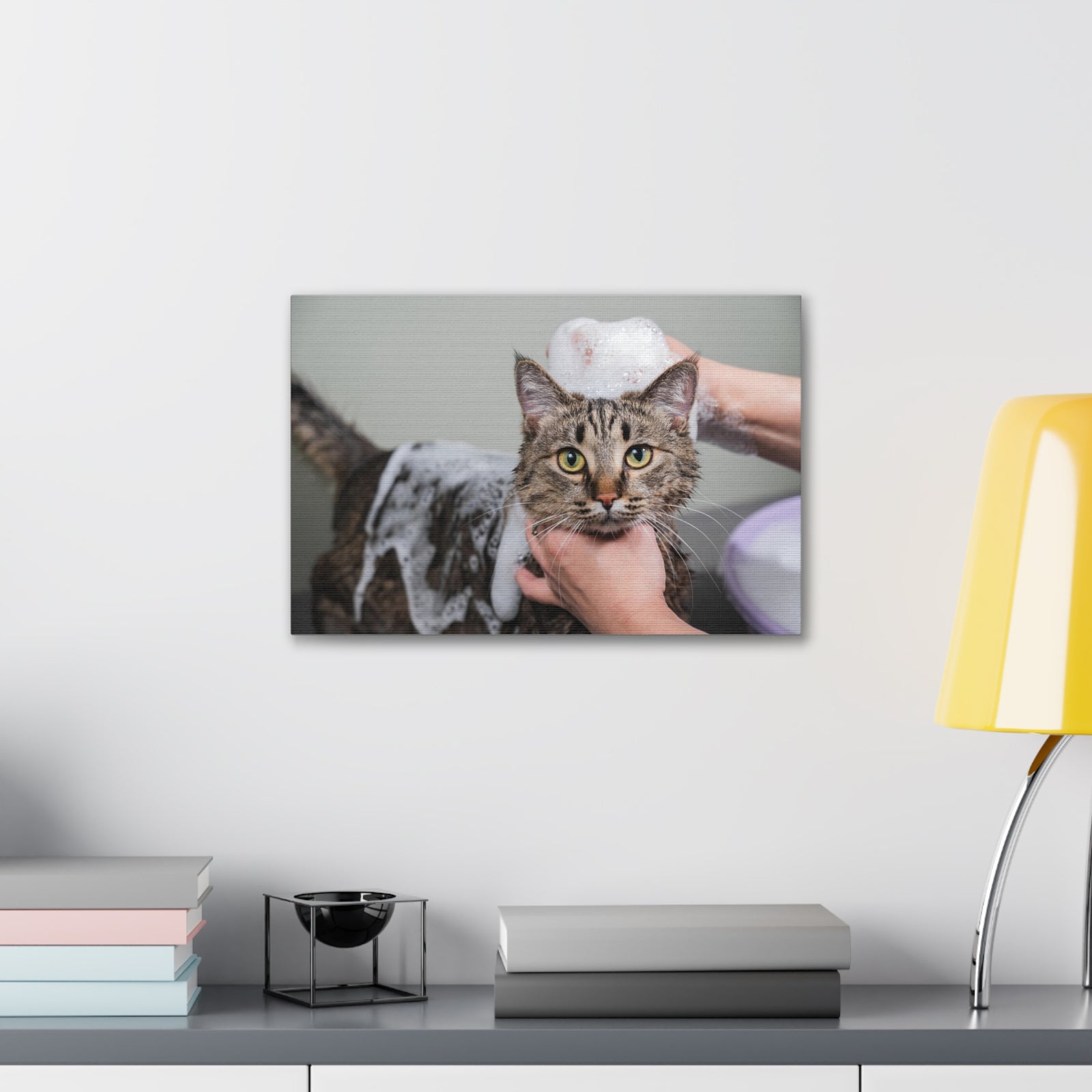 Cute Tabby Gray Cat Bathee Canvas Wall Art for Home Decor Ready-to-Hang-Express Your Love Gifts