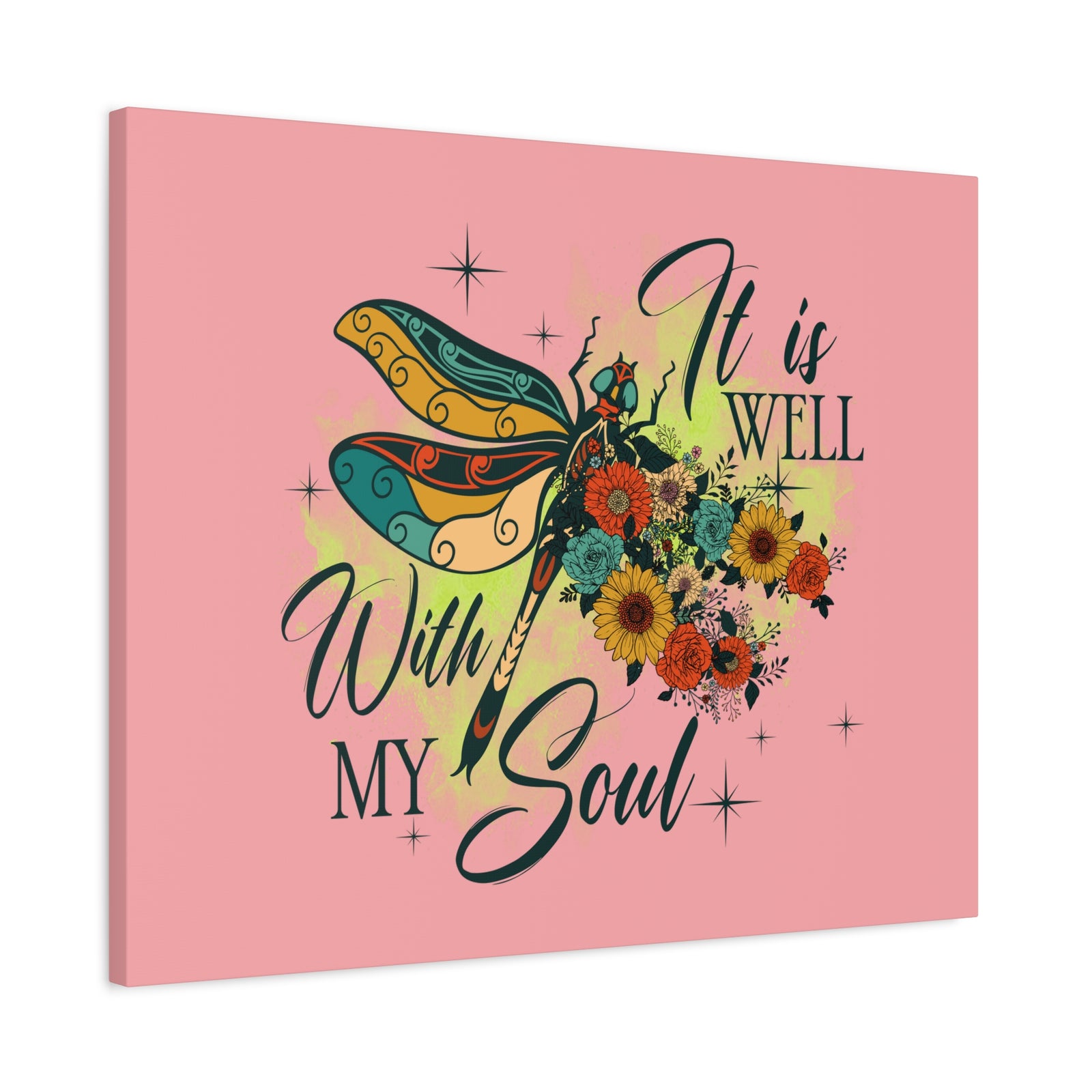 Scripture Canvas It Is Well Psalm 42:7 Dragonfly Green Christian Wall Art Bible Verse Print Ready to Hang-Express Your Love Gifts