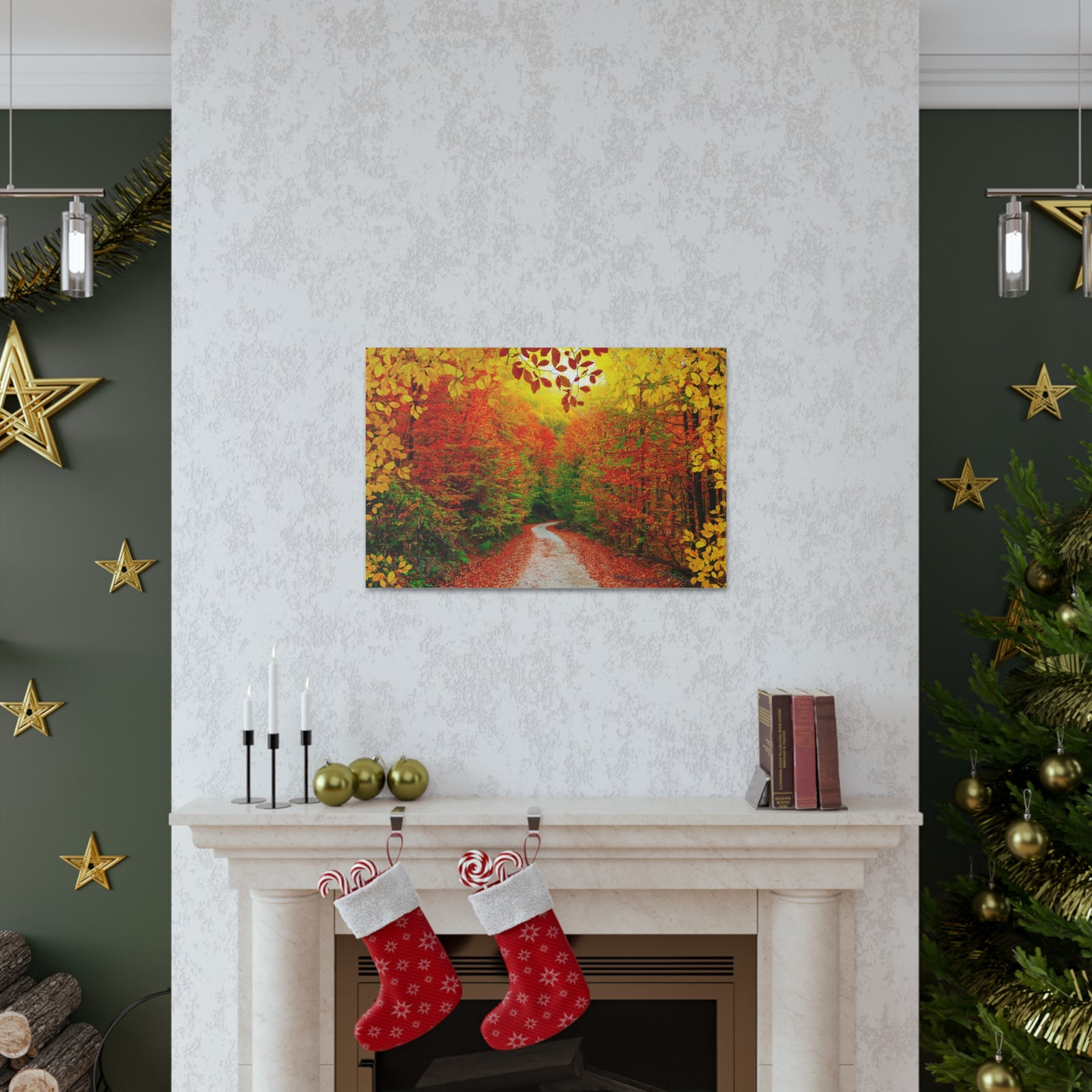 Autumn Fall Orange Leaf Forest Tree Trail Nature Wilderness Photography Canvas Wall Art for Home Decor Ready-to-Hang-Express Your Love Gifts